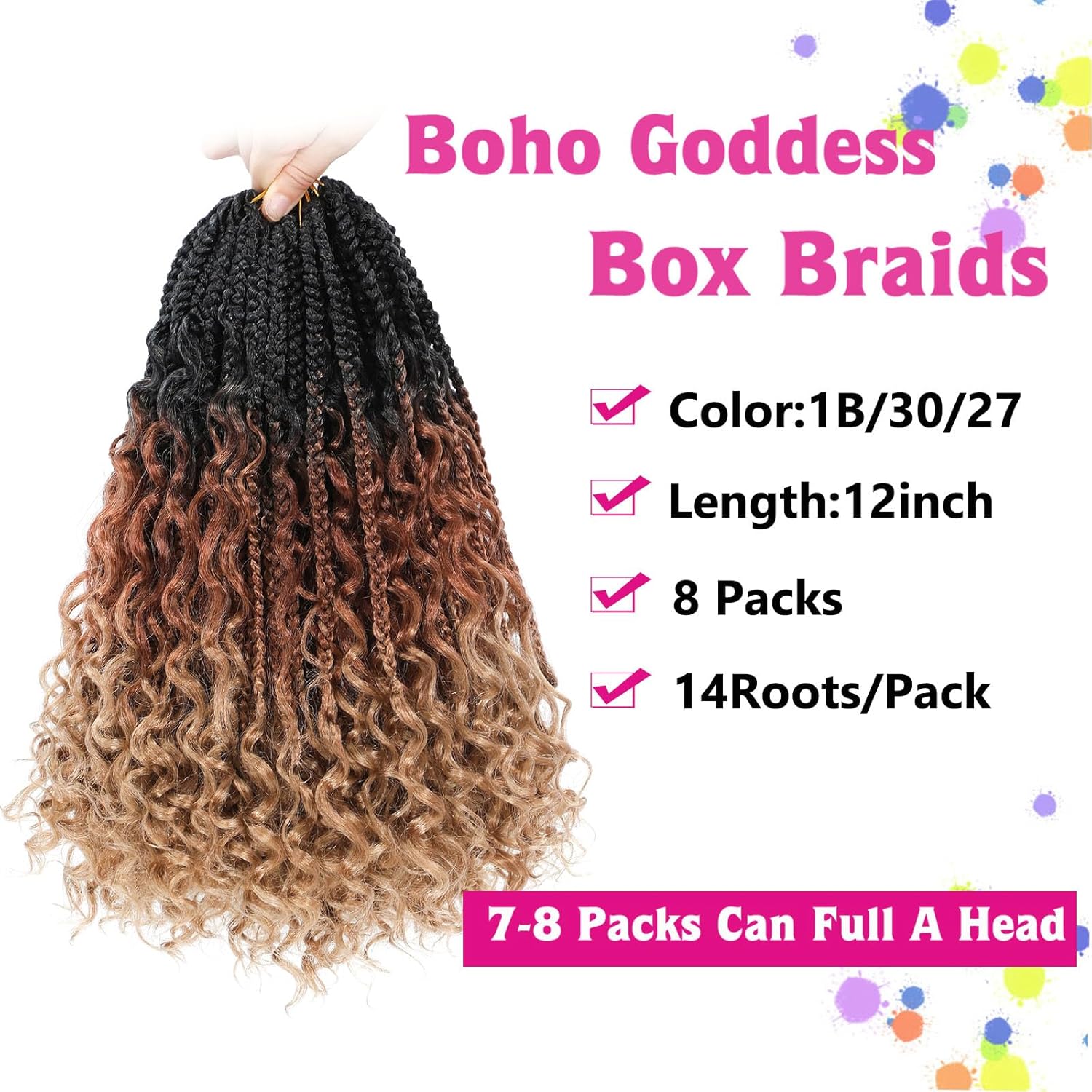 Wodun 12inch Goddess Box Braids Crochet Hair Box-Braids Curly Ends 3X Bohemian Crochet Box Braiding Hair Synthetic Crochet Hair Extensions