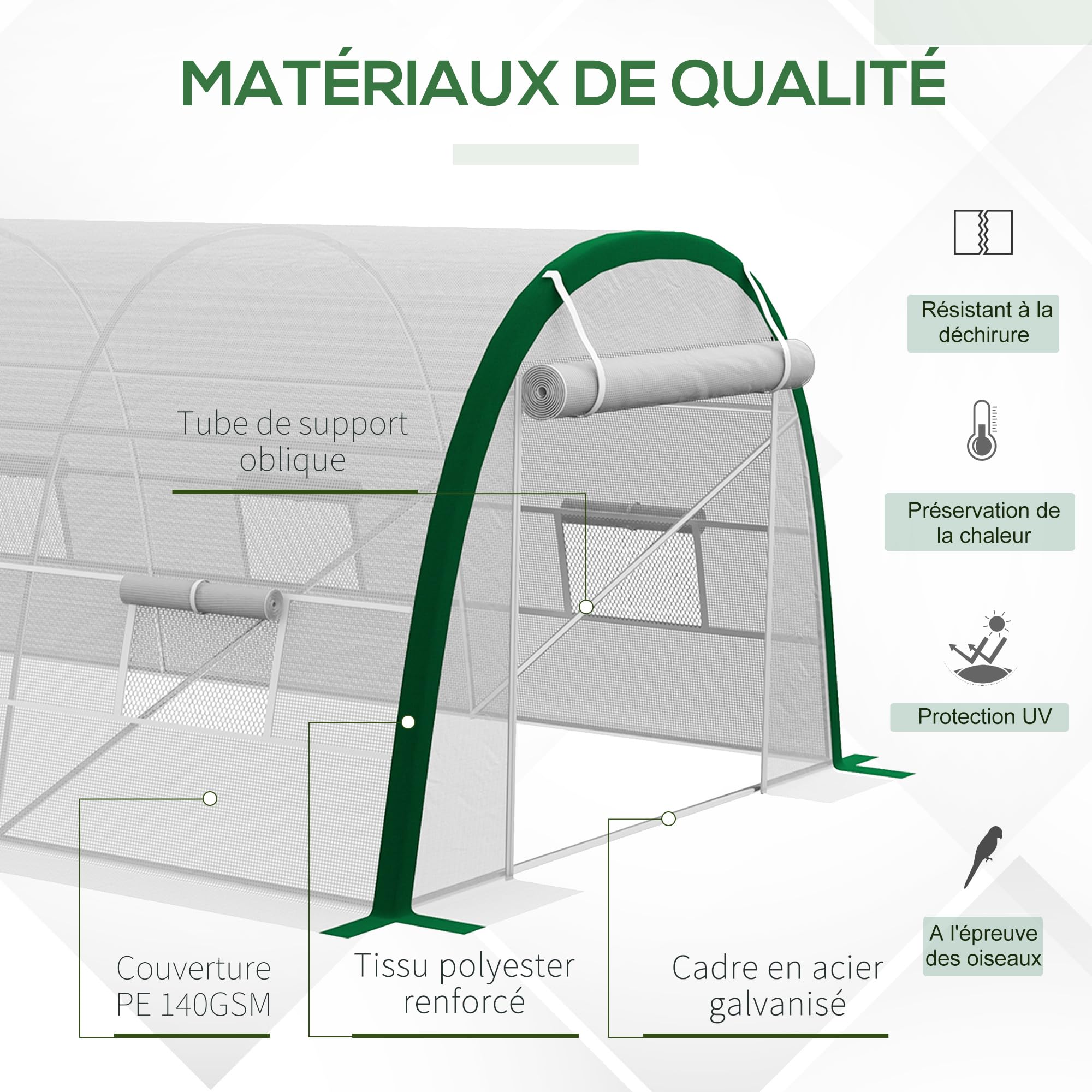 Outsunny - Invernadero de jardín (18 m²), diseño de túnel 6 x 3 x 2 m – 8 ventanas, puerta con cremallera enrollable – Estructura tubular de acero galvanizado, lona de PE de alta densidad, color