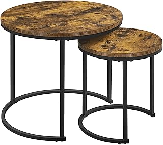 Yaheetech Round Nesting Table, Wood Coffee Table Set of 2, Stacking Sofa Side Table with Metal Frame, End Side Tea Table for Small Space/Living Room/Reception, Rustic Brown, 60 x 60 x 50.5cm
