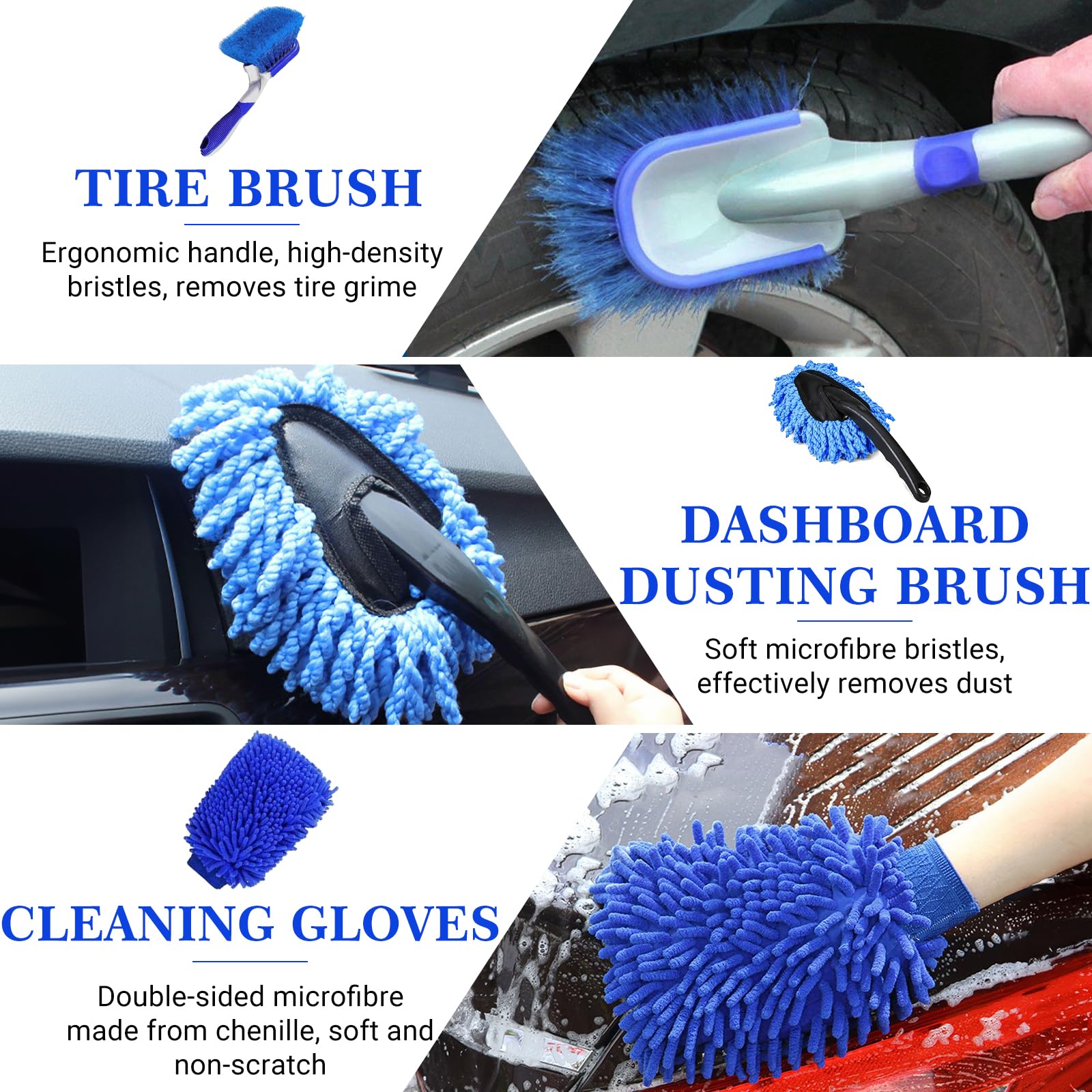 31 Pezzi Kit Pulizia Auto, Kit Lavaggio Auto Completo, Set Detailing per Interni ed Esterni, con Spazzole, Spugne per Lucidatura, Panni in Microfibra e Borsa Portaoggetti