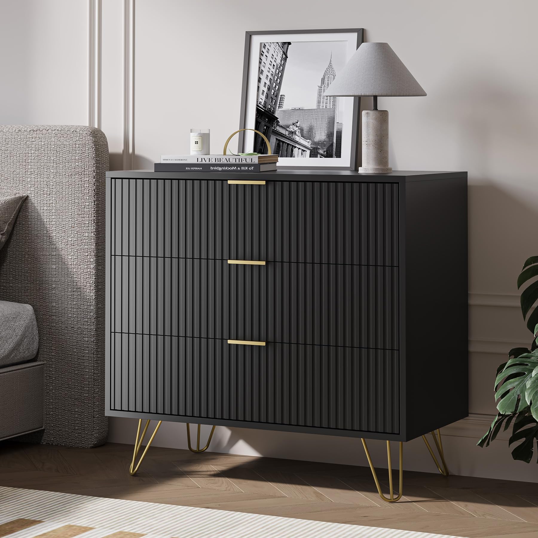 metal black dresser MAISONARIA 3 Drawer for Bedroom, Modern Closet Dressers Chest of Drawers, Fluted Dresser Chest Cabinet with Gold Handles, Nightstand for Bedroom, Living Room, Hallway, Entryway : Home & Prom Dress.:Large style storage solution today. FARM Rio - Stitched classy