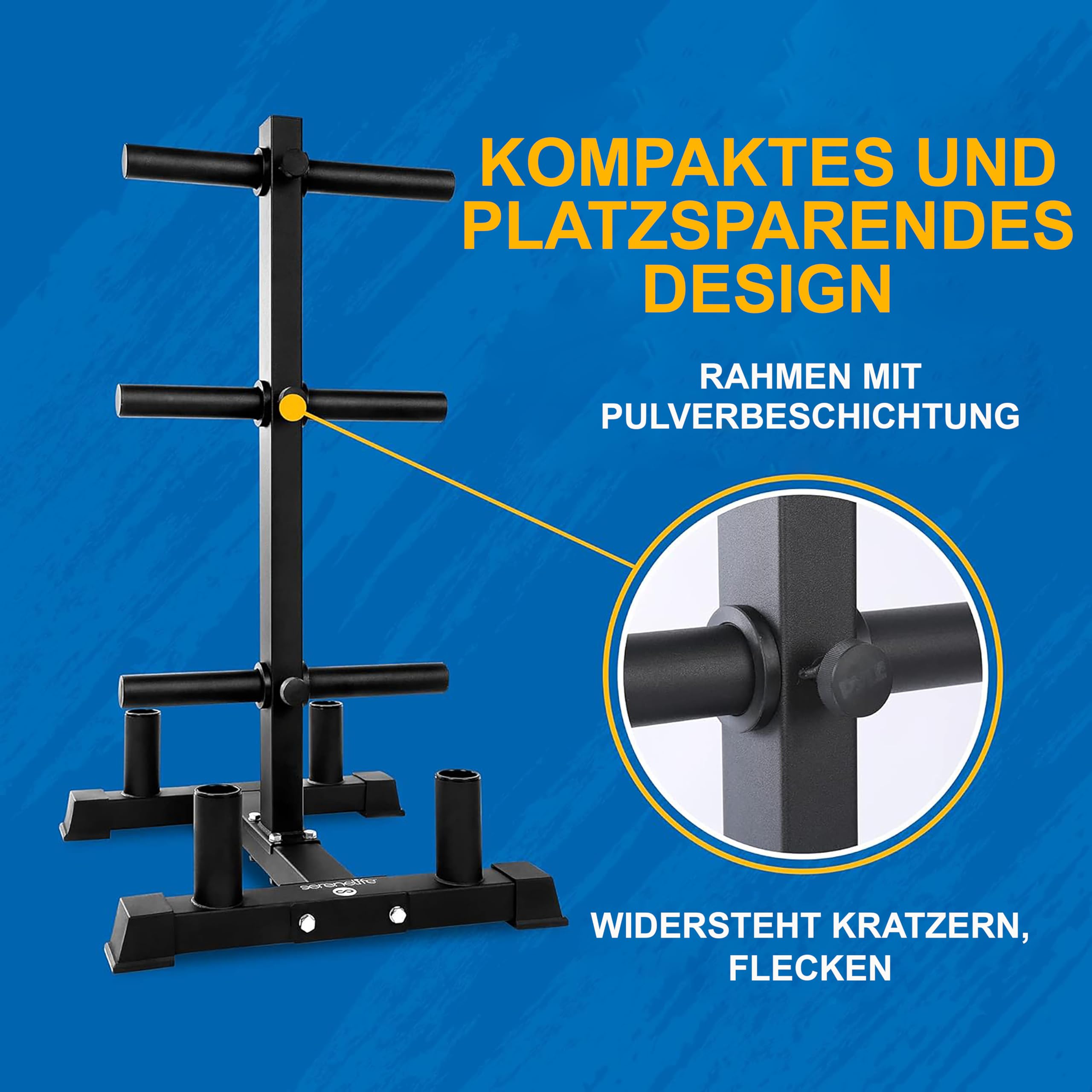 SereneLife Hantelscheibenständer mit Langhantelhalter – Hantelständer zur Aufbewahrung von Gewichten – 360 kg Belastbar, 6 Plate-Posts, 2 Hantelstangenhalter, pulverbeschichteter Stahl