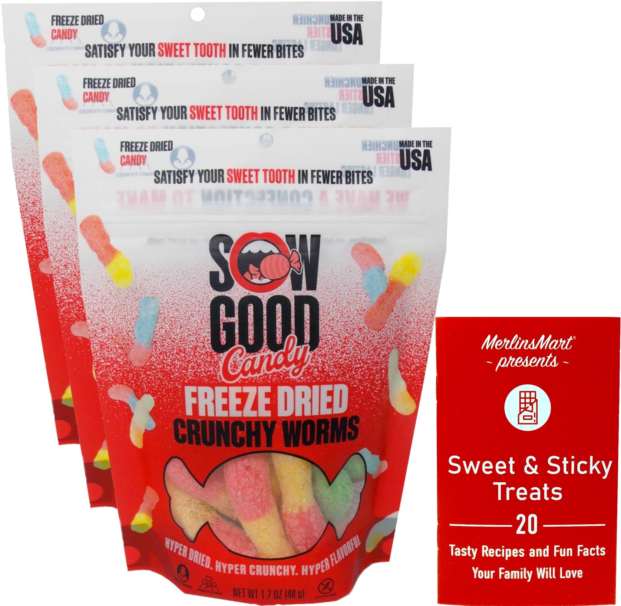 Sow Good Freeze Dried Candy - Crunchy Worms (1.7 Ounces) - 3 Count - Plus Recipe Booklet Bundle