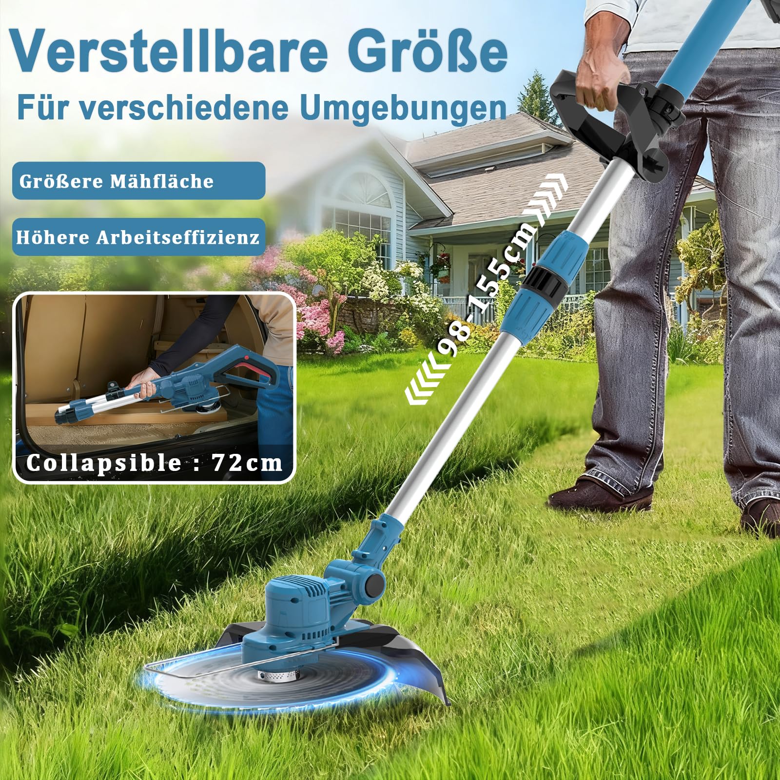 Rasentrimmer für Makita-Akkus mit 4 Klingentypen, Rasentrimmer mit Akku 2 4,0Ah und Unkrautbürste, 180° Faltbar, 750w Bürstenloser Akku Freischneider für Garten Trimming, Blau