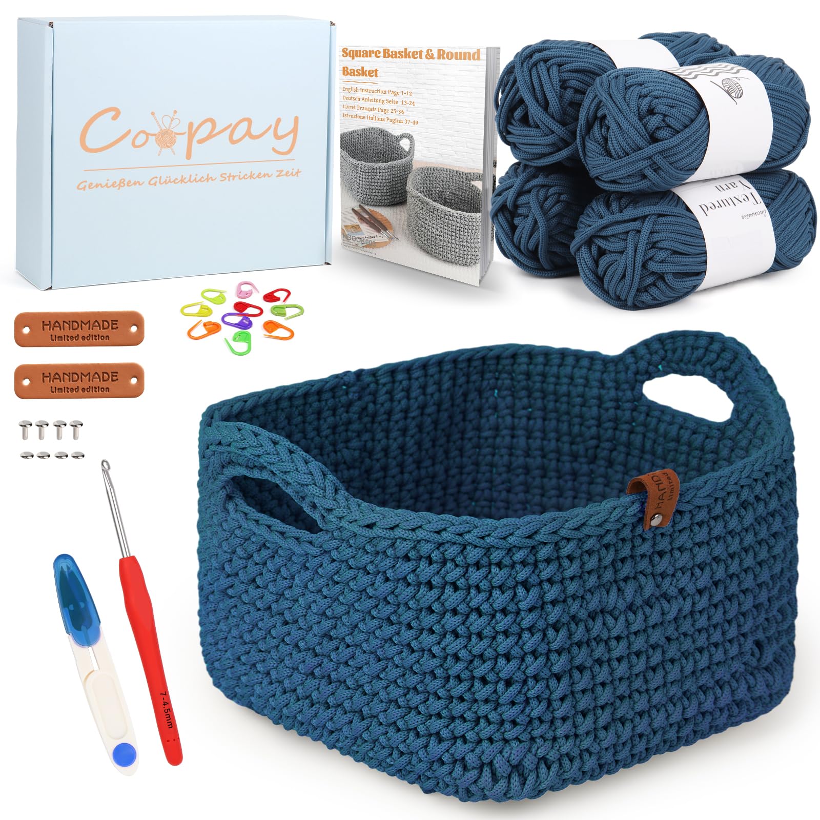 Coopay Häkelset für Anfänger, Square Körbe Häkel Set mit Häkelanleitung, DIY Häkelset für Körbe Häkeln Lernen mit Häkelnadel 4,5mm, Dicke Häkelgarn, Anfänger Häkelset für Körbe - Denim Blau