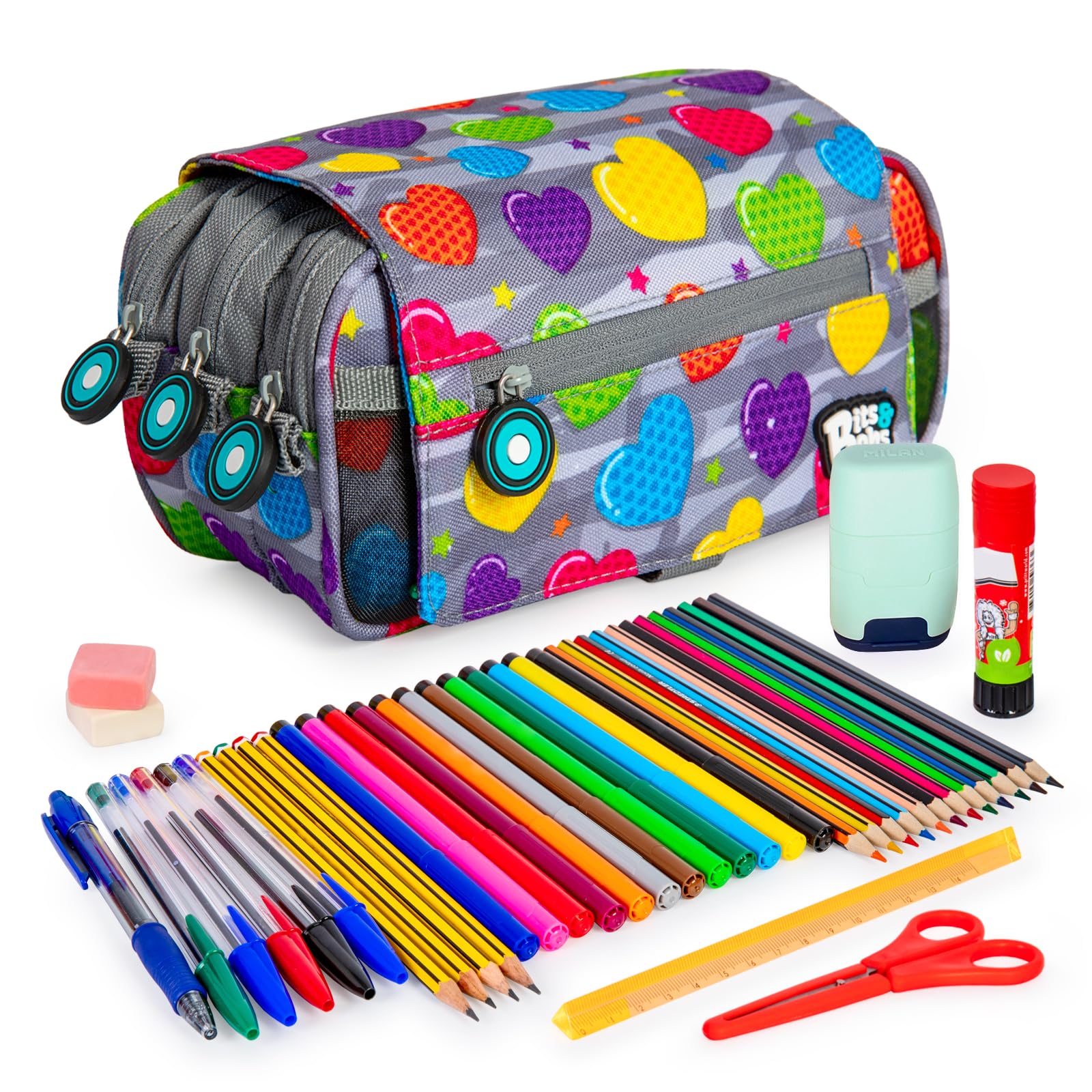 ColePack Design - Estuche Portatodo Triple con 3 Cremalleras y Material Escolar de Primeras Marcas Incluido (BB_Heart)