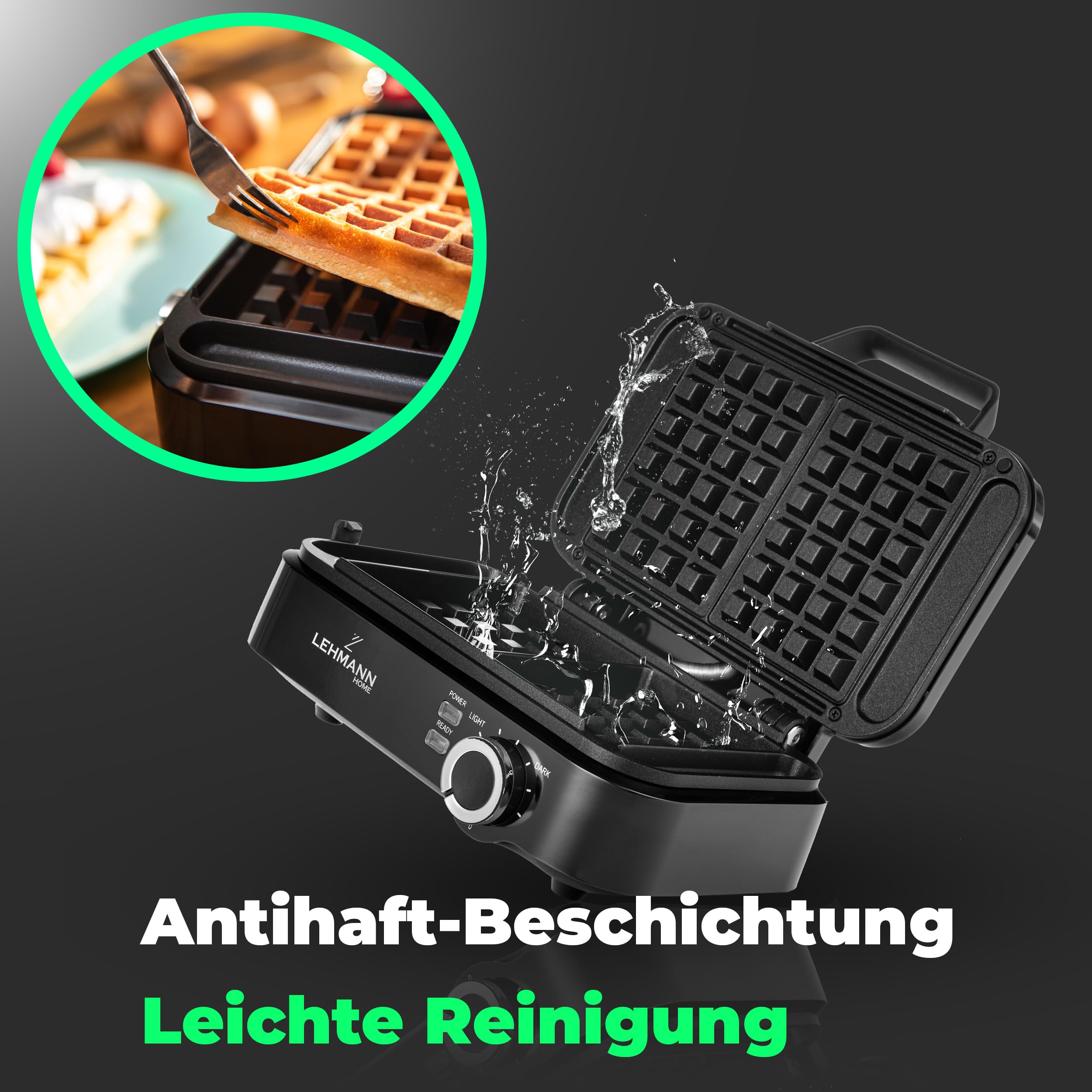 LEHMANN Waffeleisen Doppelt für Belgische Waffeln, 1200W, Fertig in 3 Minuten, Temperaturregelung bis zu 240°C, Antihaftbeschichtung, Schnelle und einfache Reinigung, Dicke Waffeln 12,5 x 8,5 x 2cm