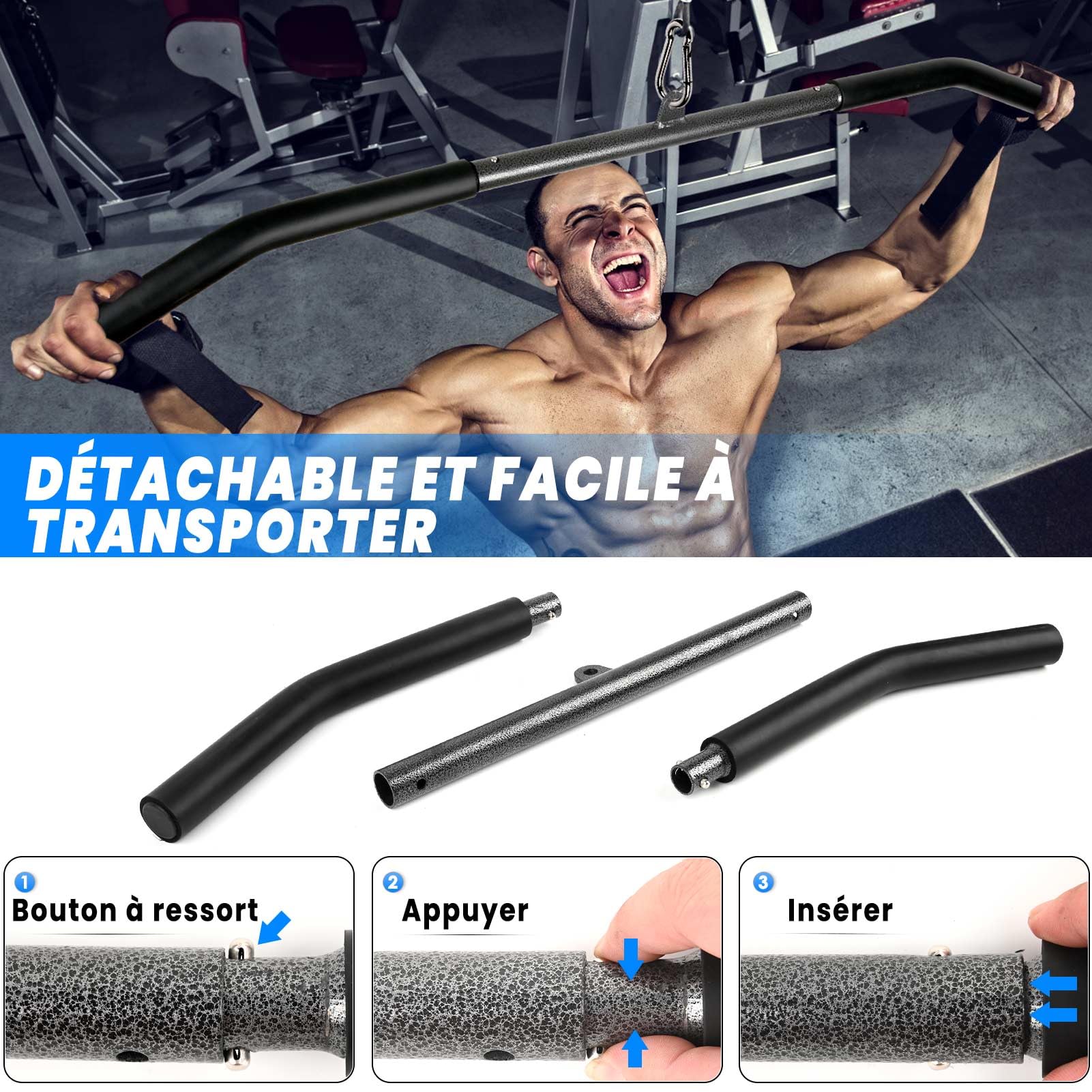 Barre Tirage Musculation, Triceps Biceps Barre de Tirage Musculation Dos en Acier Noir, Prise Large Barre pour Poulie Musculation Appareil Accessoire Sport à Maison