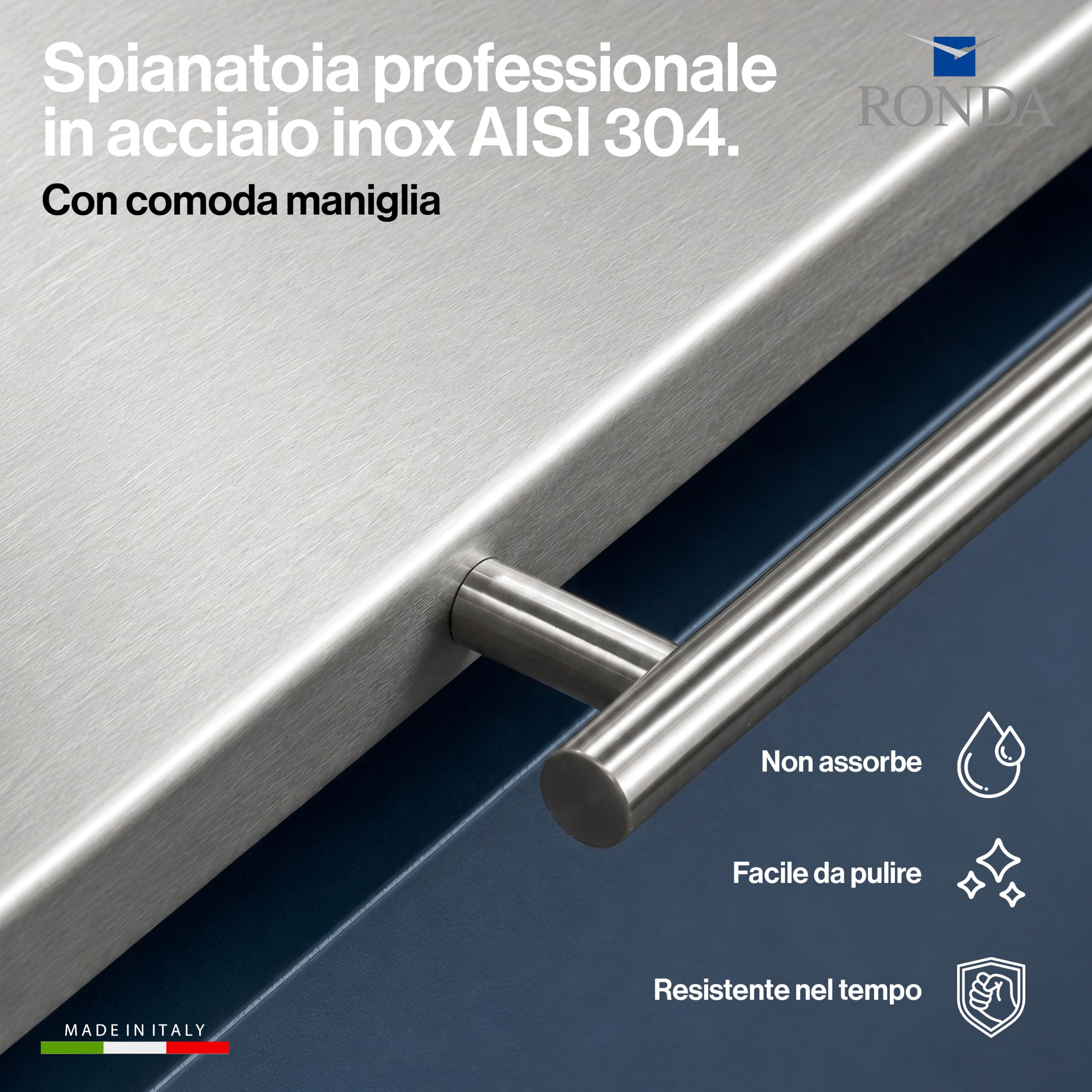 RONDA Tagliere Spianatoia Acciaio Inox 60x50 cm con Maniglia | Piano da Lavoro Alimentare Professionale, Antibatterico e Antiscivolo con Piega 2 cm per Impastare Pizza, Pane e Pasta