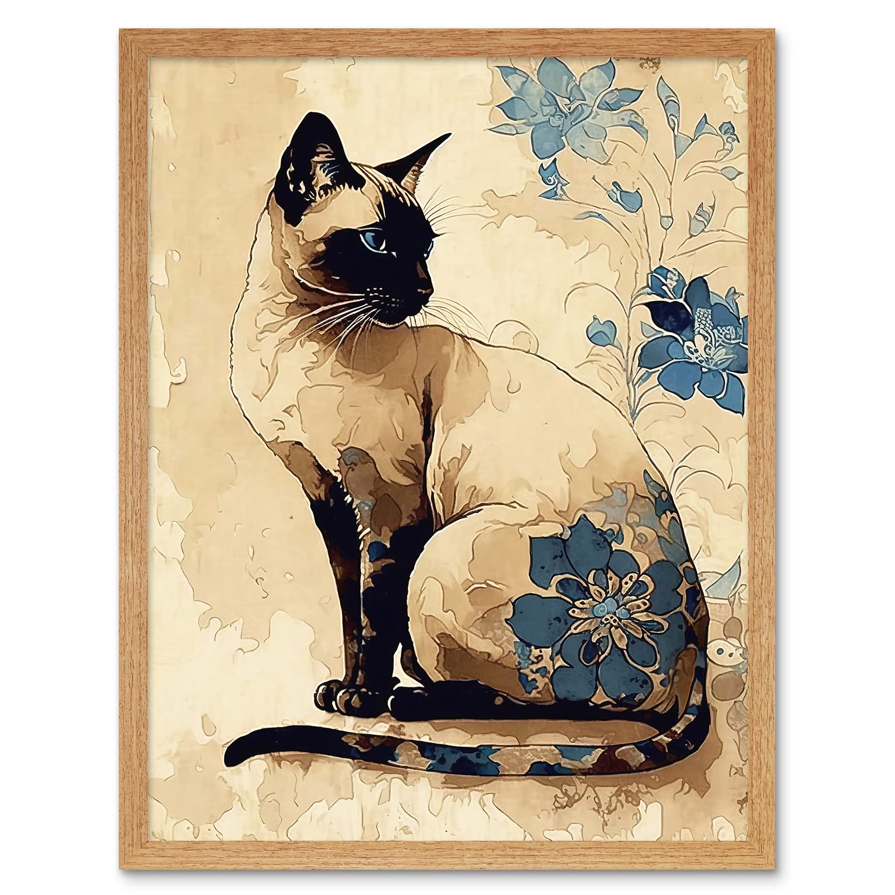 Artery8 Siamese Cat with Blue Flowers Watercolour and Ink Modern Illustration Art Print Framed Poster Wall Decor 12x16 inch