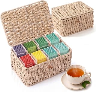 Sieral Paper Rope Tea Bag Organizer, 8 Compartments Storage Box with Lid