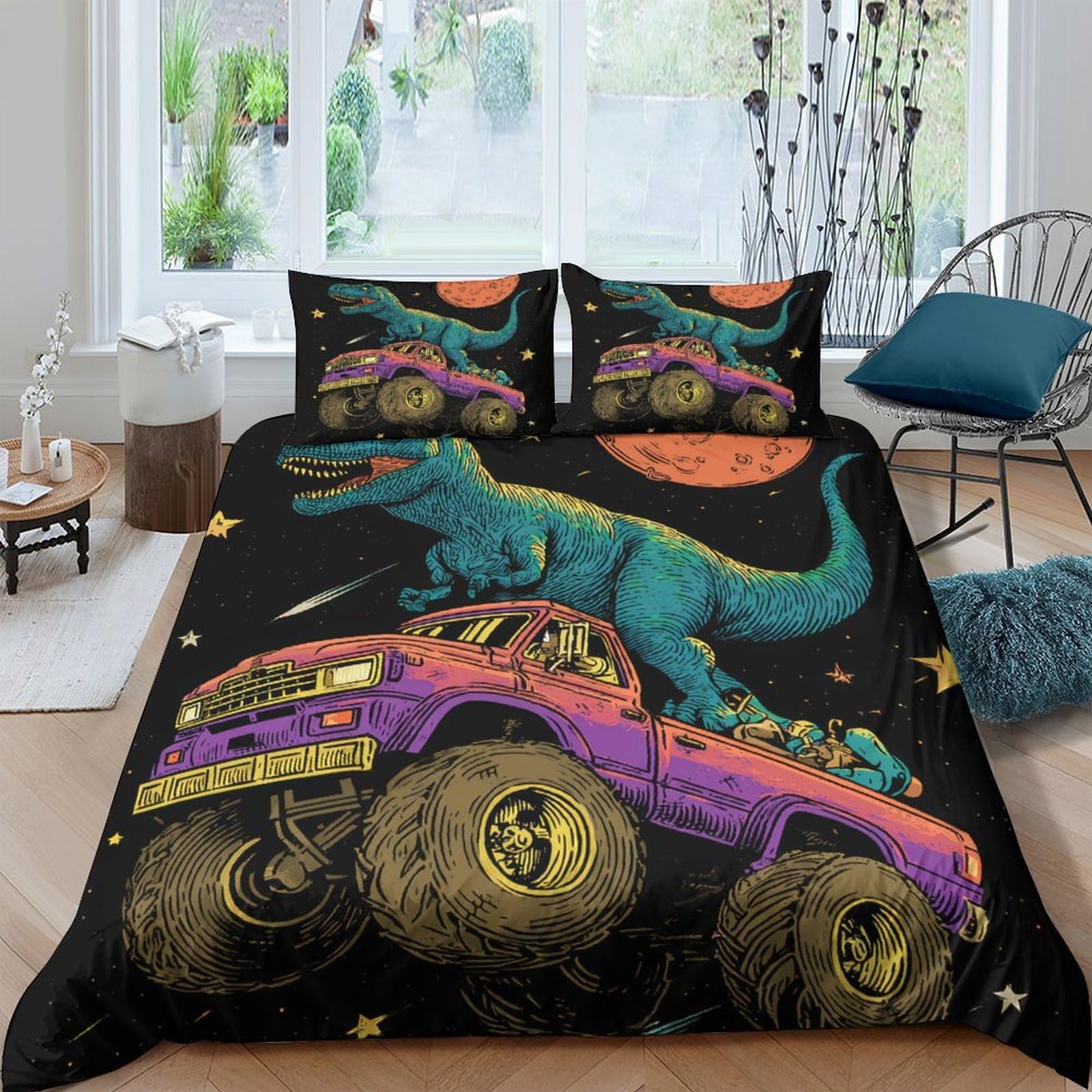 Ctjqhvkz Style-3 3D Printed Dinosaur Monster Truck Fitted Sheet Microfiber Soft Black Bed Cover For Bedroom Dorm Decoration Single（135X200cm）