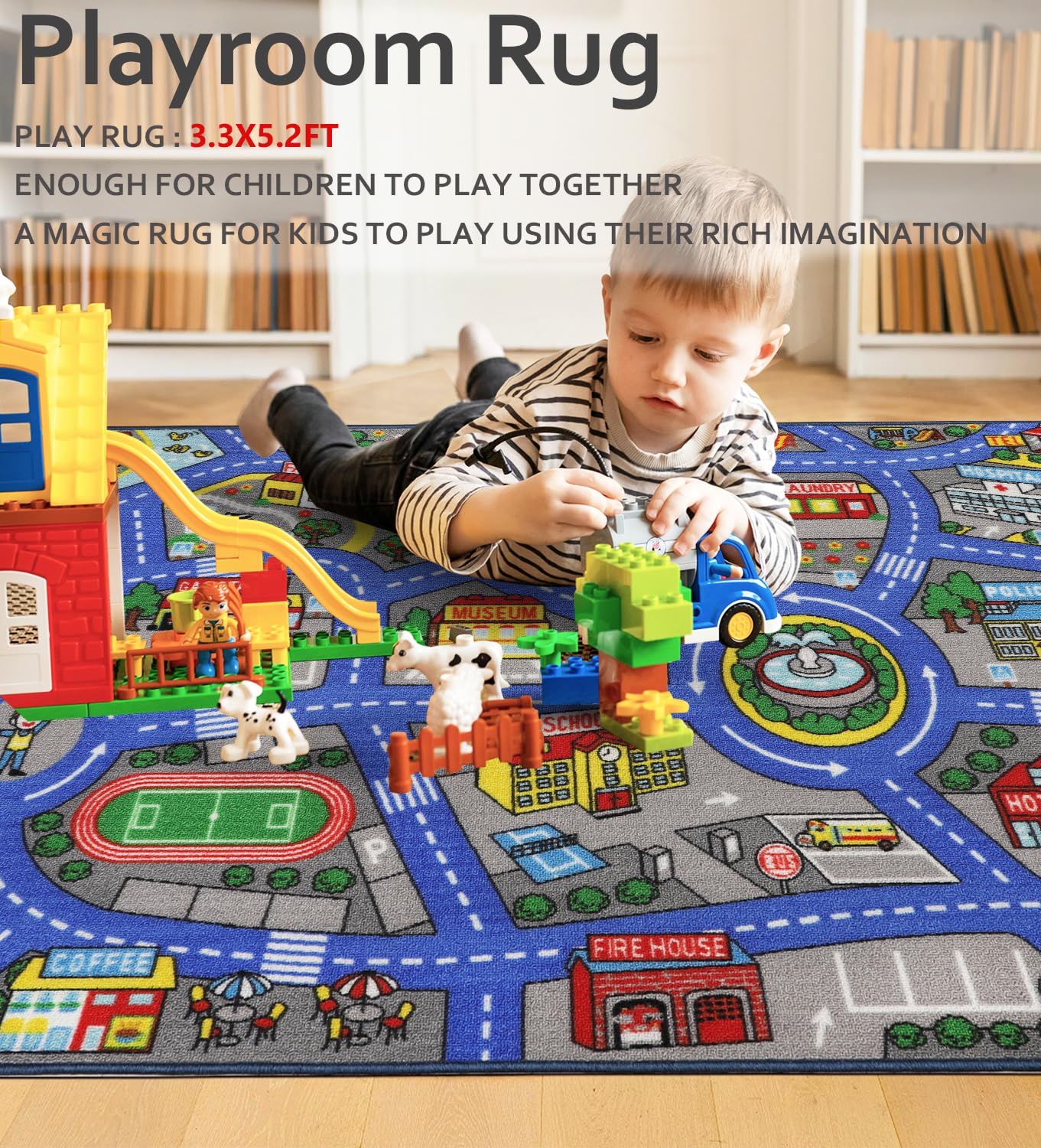 Capslpad Autoteppich Kinder 100x160cm rutschfest Kinderteppich Stadtplan Interaktiver Spielteppich Waschbar Kreativ Pädagogisch Spielmatte für Kinder Teenager Kinderzimmer Spielzimmer Dekor, Blau