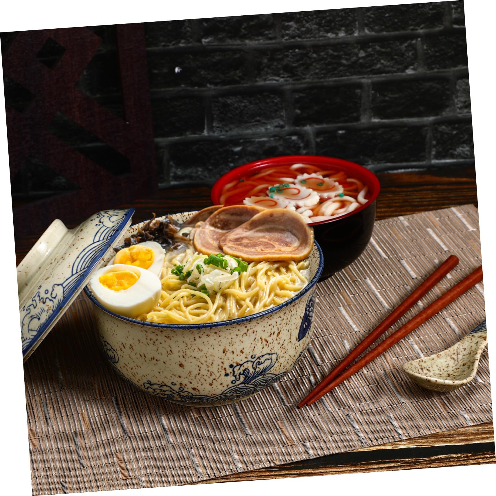 DOITOOL Ramen-schüssel-set aus Keramik mit Deckel Essstäbchen und Löffel für Suppen und Nudelgerichte Großes Fassungsvermögen und Wärmehaltung