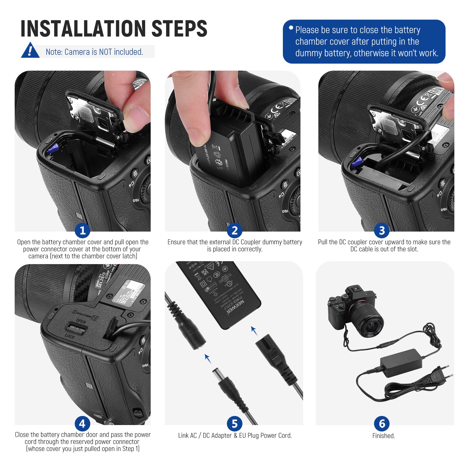 NEEWER NP-FZ100 Adaptateur d'alimentation AC et Coupleur DC Kit Chargeur de Batterie Factice Compatible avec Sony A9II, A6600, A9, A7R IV, A7S III, A7RIII, A7 III