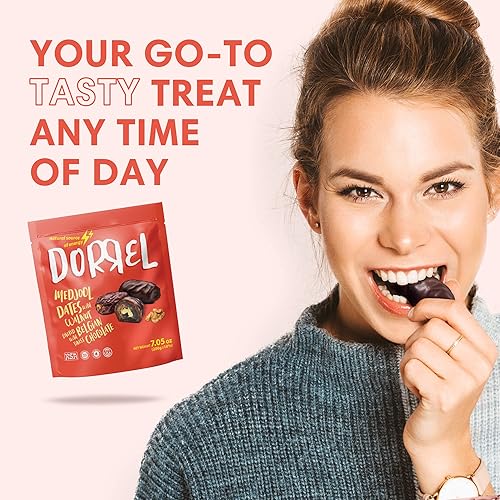 Miniatura 136 de DORREL - Dátiles cubiertos de chocolate negro belga (Medjool) con relleno de cacahuetes salados, aperitivo de chocolate vegano de alta energía