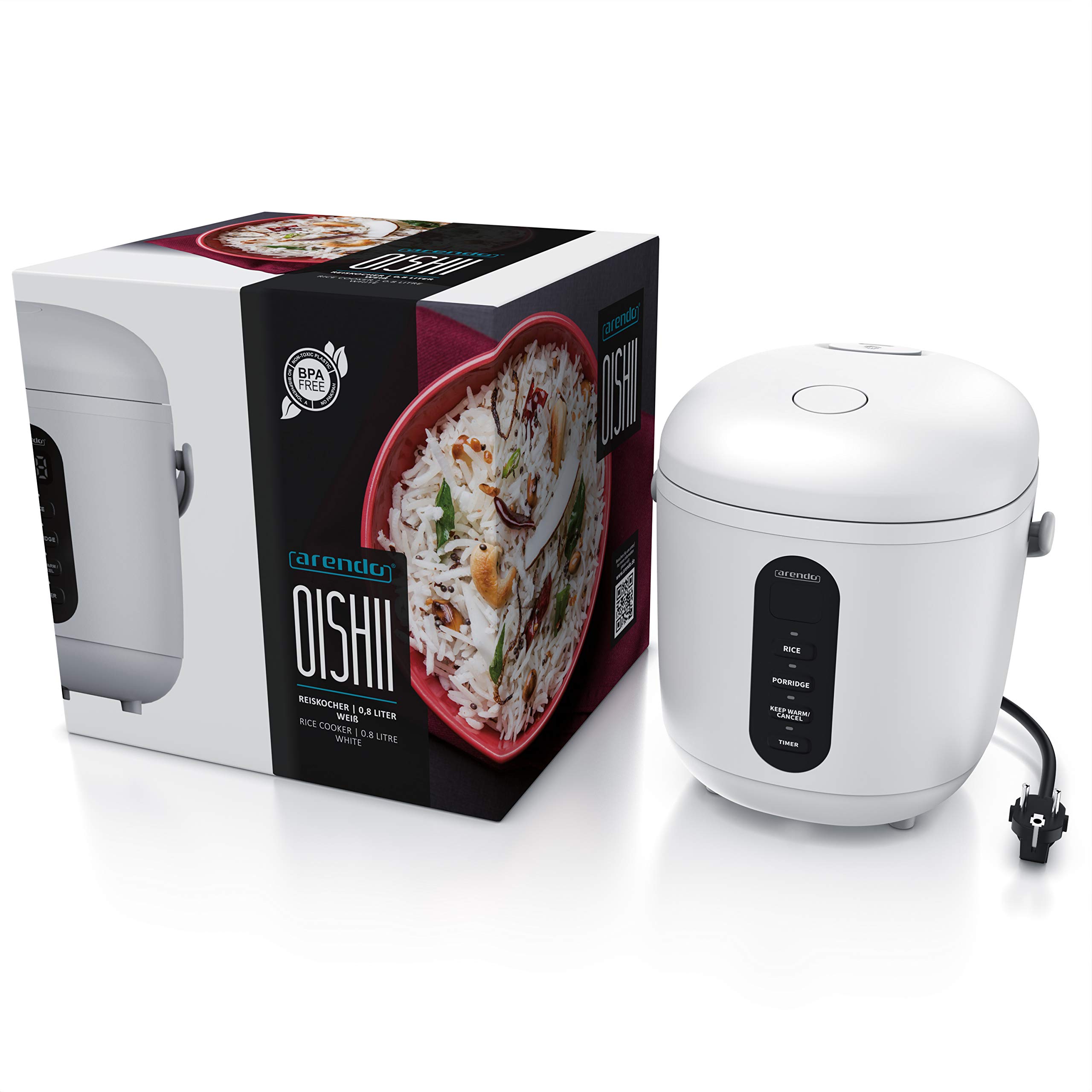 Arendo - Reiskocher - 300 Watt - mit Messbecher und Reislöffel – 2 Kochprogramme – Timer – Warmhaltefunktion – LED-Anzeige – beidseitig beschichtet - spülmaschinen geeignet – mini klein 0,8L - weiß