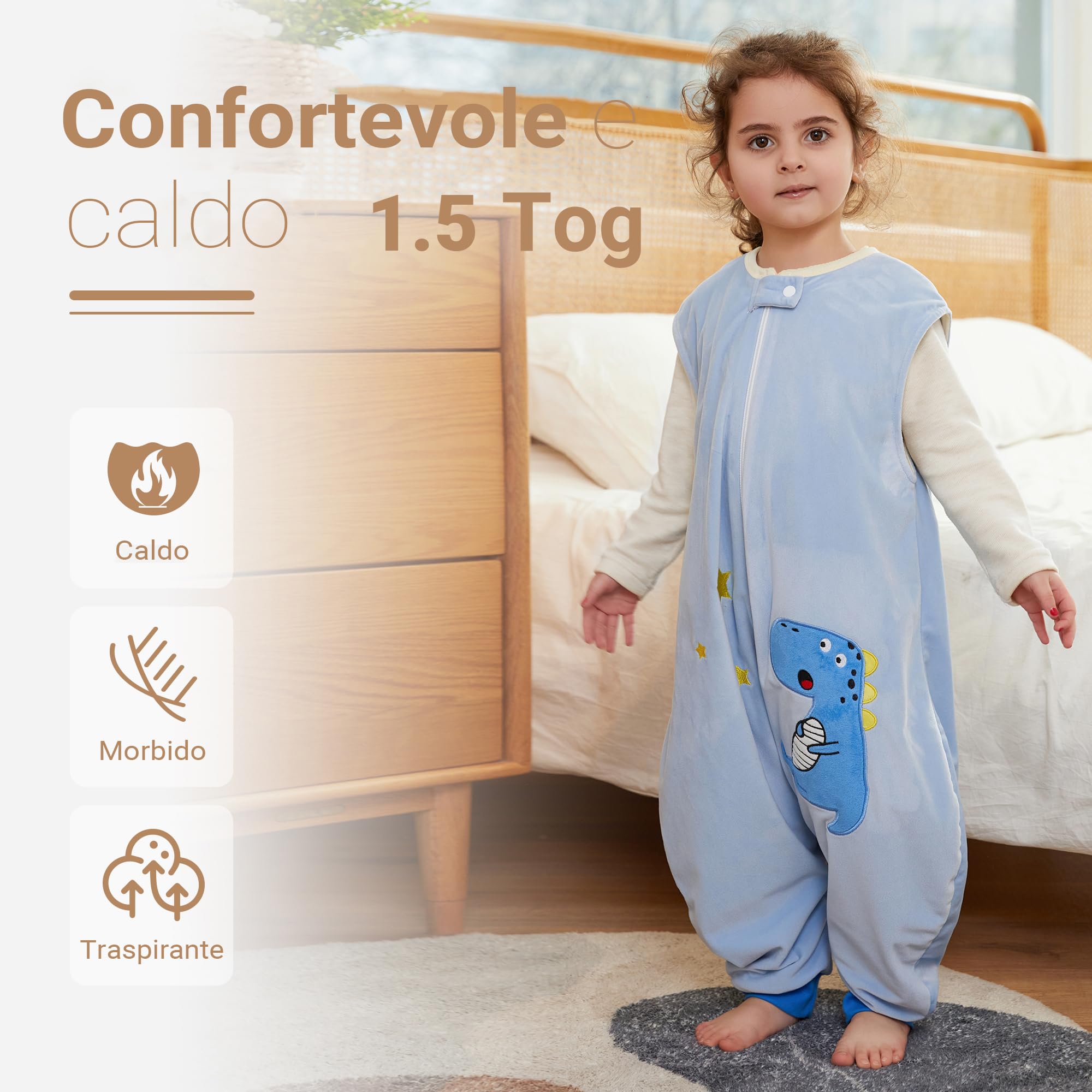 XQ&XG Sacco Nanna con piedini, Bambini Sacco Nanna con gambe 1.5 TOG, Sacco a pelo con gambe, Dinosauro, 5-6 Anni