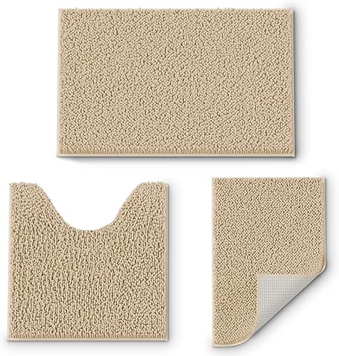 Miniatura 106 de Juego de 3 alfombras de baño extrasuaves y absorbentes, alfombras de baño de felpilla, alfombra de felpa antideslizante, juego de baño con alfombras