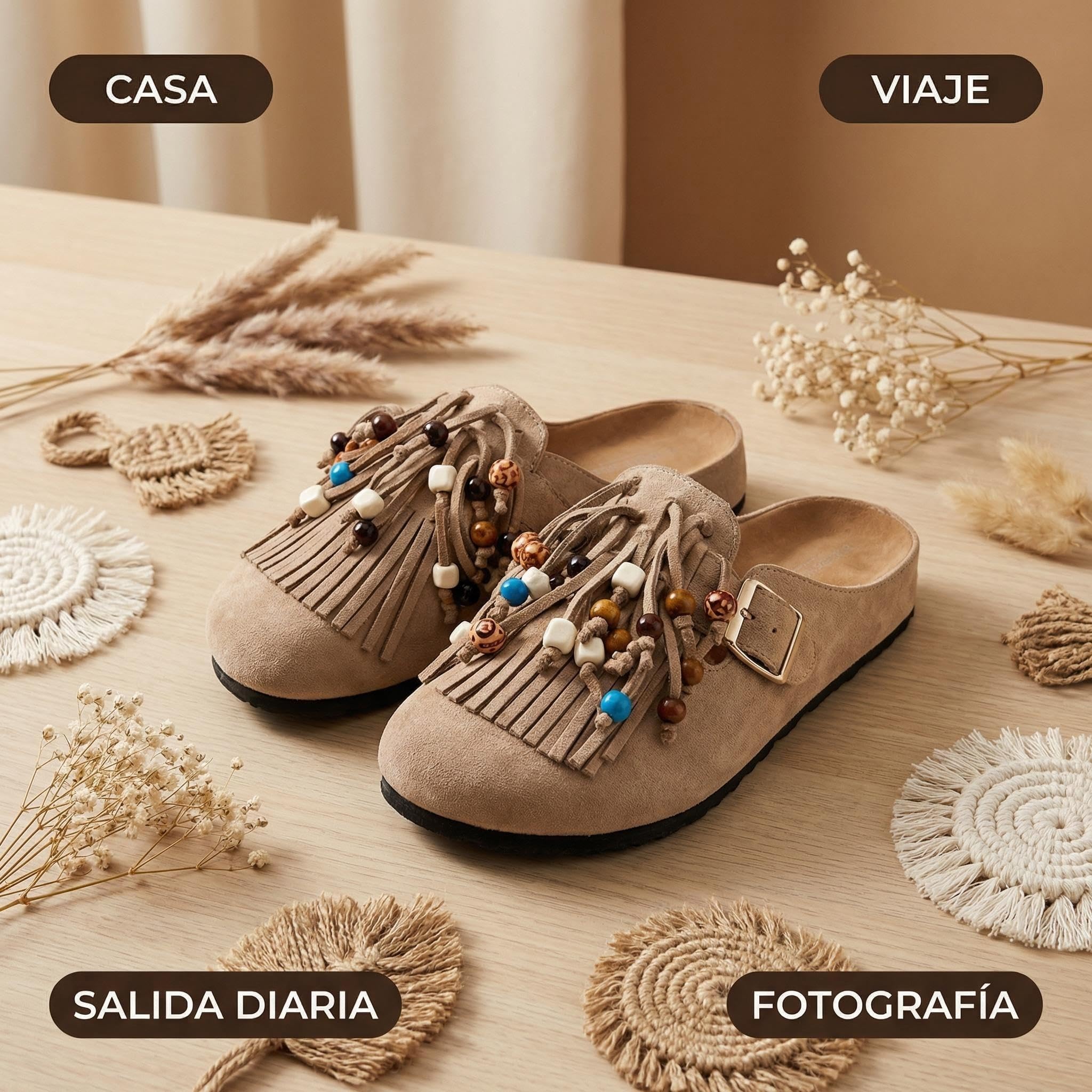 Zuecos para Mujer Estilo Boho con Flecos y Cuentas Decorativas, Ante Sintético, Suela EVA Antideslizante, Hebilla Ajustable 36-41