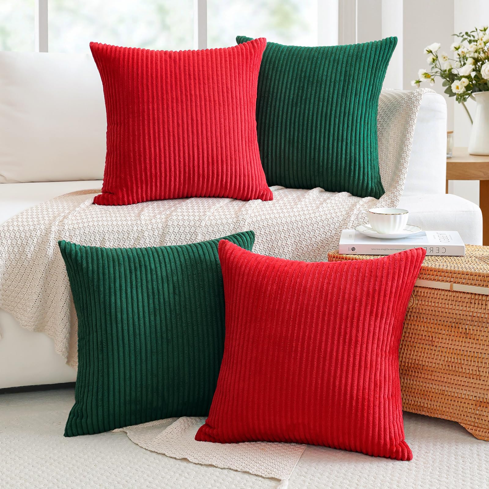 OTOSTAR Confezione da 4 federe decorative per cuscini, 45 x 45 cm, in morbido velluto a coste, decorative, moderne per divano e casa (rosso verde)