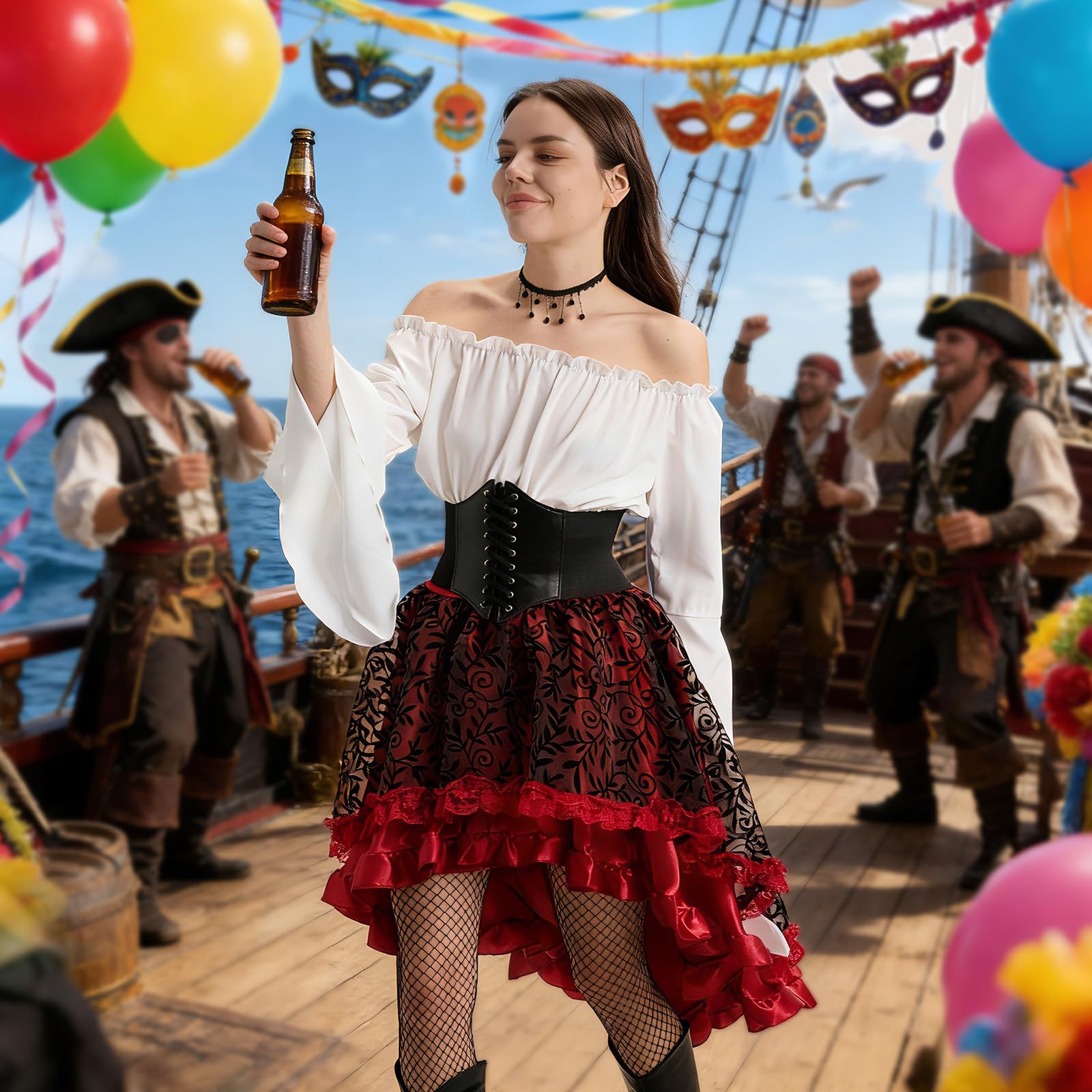 Charmofun Disfraz de Pirata para Mujer, Vestido Medieval Mujer con Top Con Hombros Descubiertos, Corsé de Pirata, Costume Victoriano Renacentista para Carnaval Halloween Cosplay (Rojo, L)