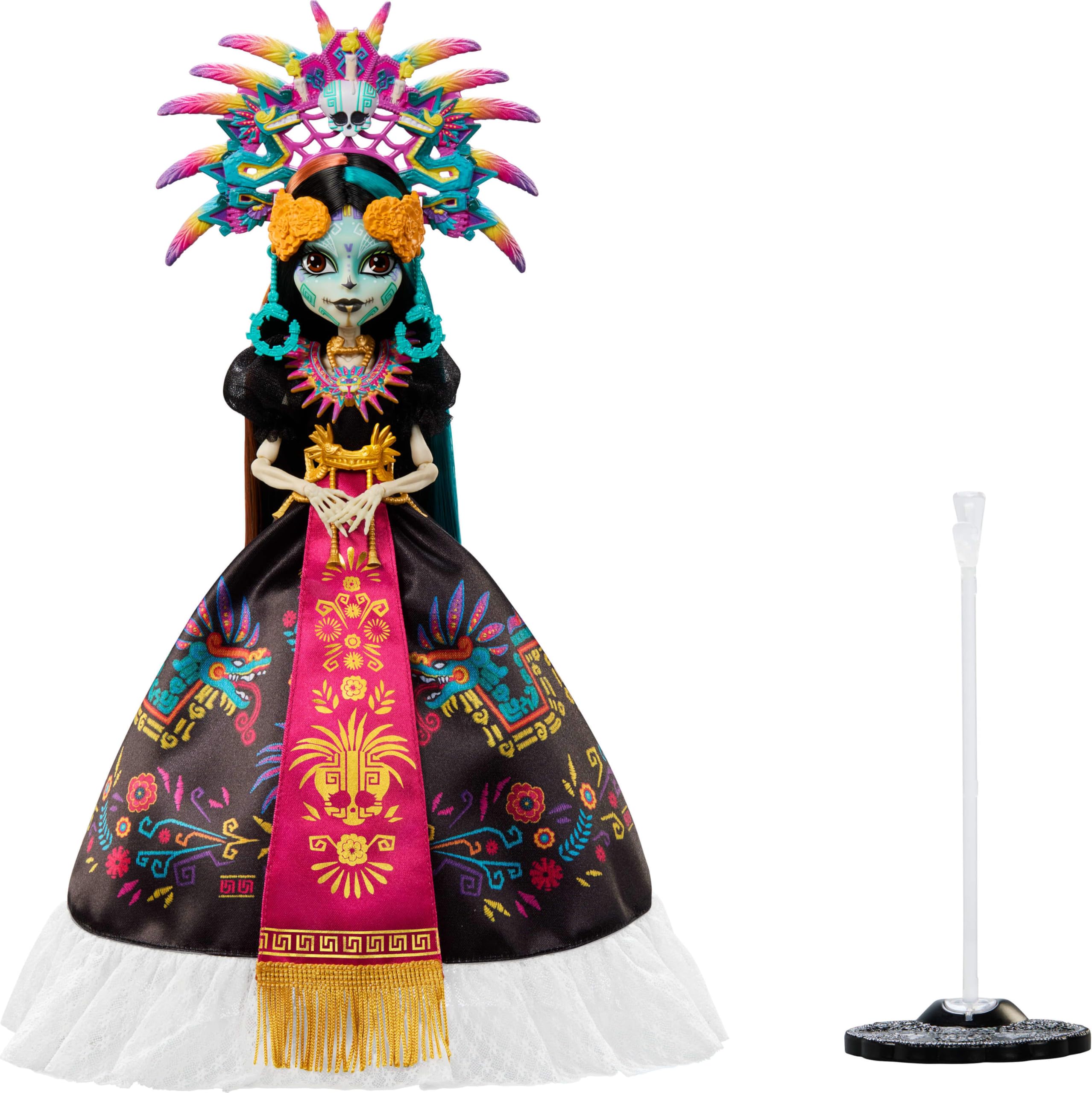 Monster High Día de Muertos 2025 Skelita Calaveras Muñeca Coleccionable con Vestido de inspiración Azteca y llamativos Accesorios como un Tocado y un Collar, JDR63