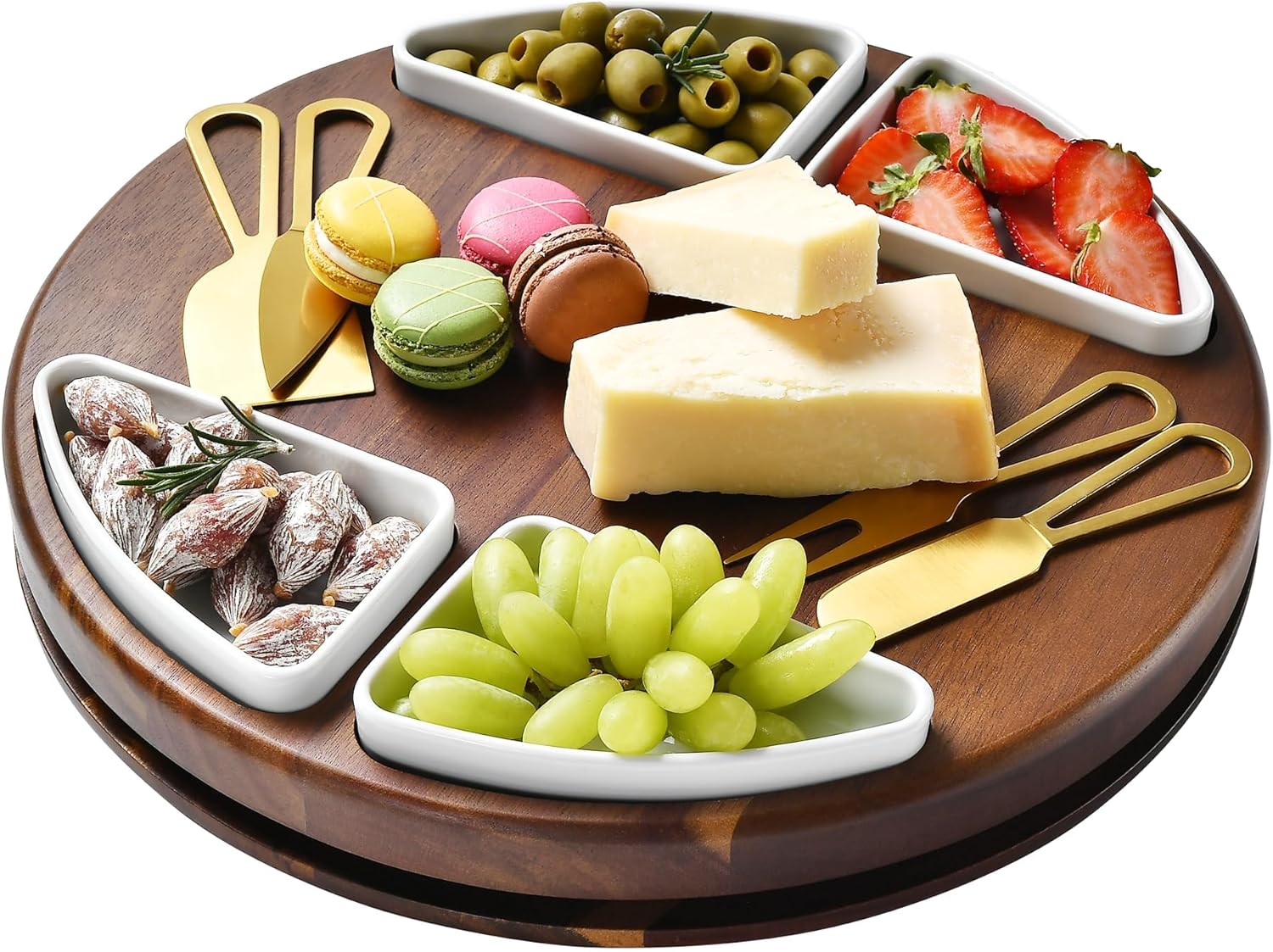 Shanik Upgraded Lazy Susan Cheese Cutting Board Set - Round Acacia Charcuterie Board With 4 Ceramic Bowls - Wedding Gifts - Cheese Serving Platter - Bridal Shower Round 13"