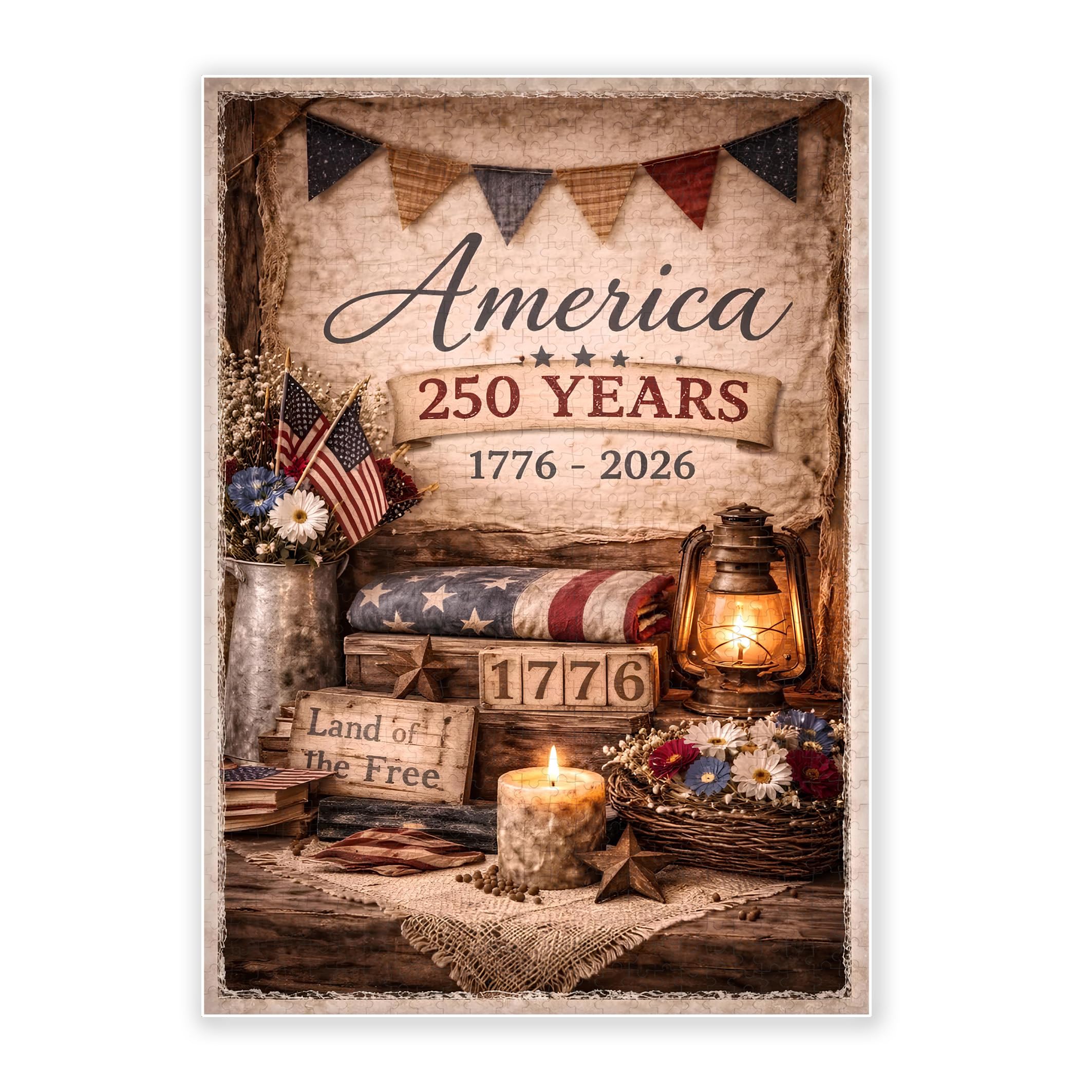 1000-Piece Adult Wood Jigsaw Puzzle, Retro Patriotic 1776-2026 250th Anniversary Art with American Flag, Rustic Lanterns & Fresh Wildflowers Farmhouse Style Wall Decor, 29.5x19.7in