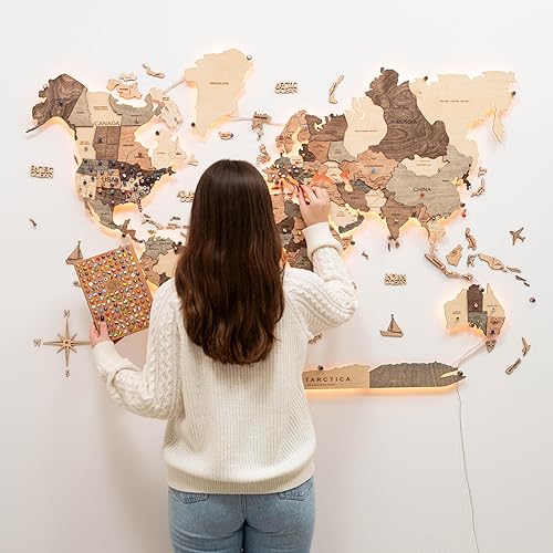 Miniatura 2 de Enjoy The Wood Mapa del mundo de madera 3D LED 3.0, arte de pared moderno para decoración del hogar, regalos de iluminación LED, decoración de