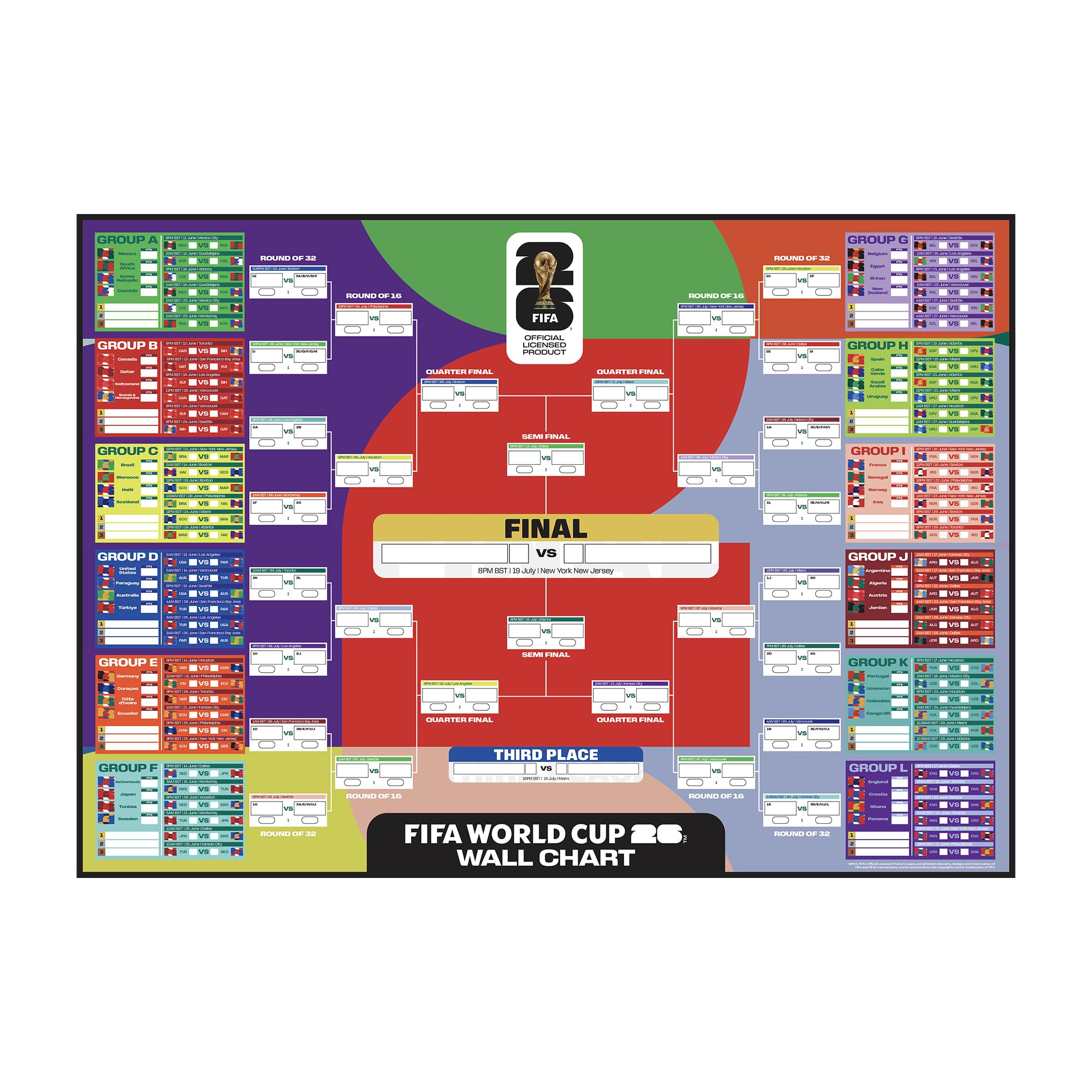 Hy-Pro Officially Licensed World Cup Wall Chart 2026 - A2 Size Football Wall Art with Teams, Fixtures & Tournament Progress Tracker - Match Planner for Fans, Home & Office Display