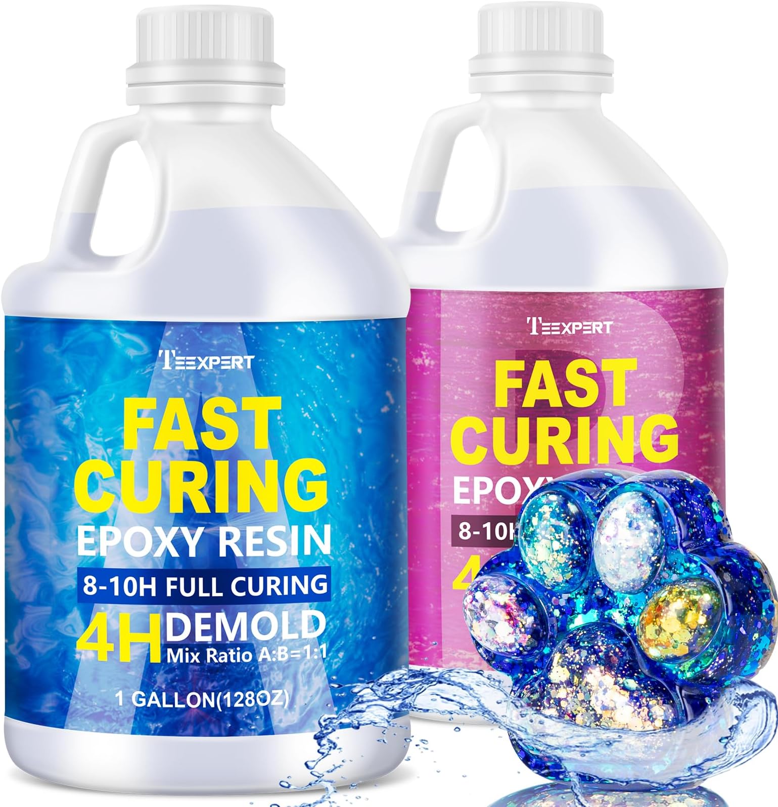 Teexpert Epoxy Resin - Fast Curing Resin 2 Gallon 4 Hours Demold Crystal Clear & Self-Leveling Casting Resin 8-10 Hours Quick Cure Epoxy Resin Kit for Jewelry, Ring, Keychains, Coaster, Wood, Molds
