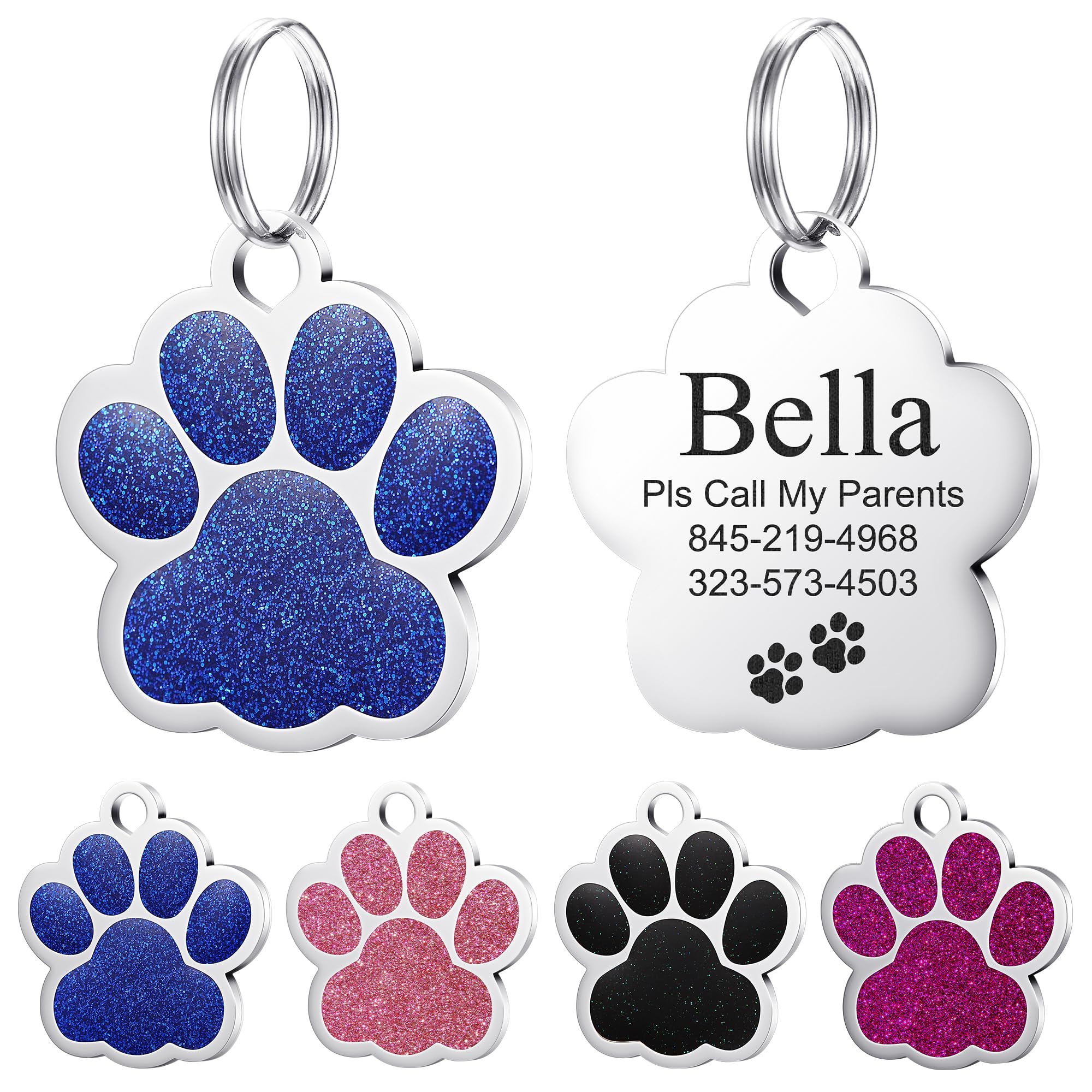 YEHANTI Dog Tags Personalized for Pets, Durable Stainless Steel Glitter Paw Print Pet ID Tags with 4 Line Texts and Icons Engraved, Custom Dog ID Tags