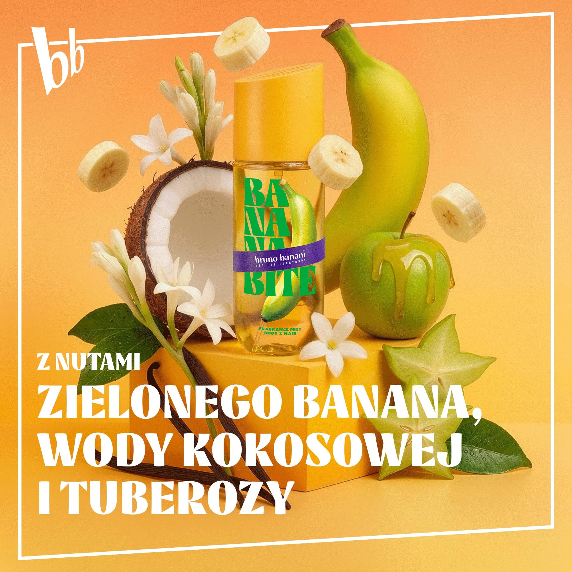 bruno banani Banana Bite, długotrwała mgiełka do ciała i włosów dla kobiet, o zapachu wody kokosowej i banana, 236 ml