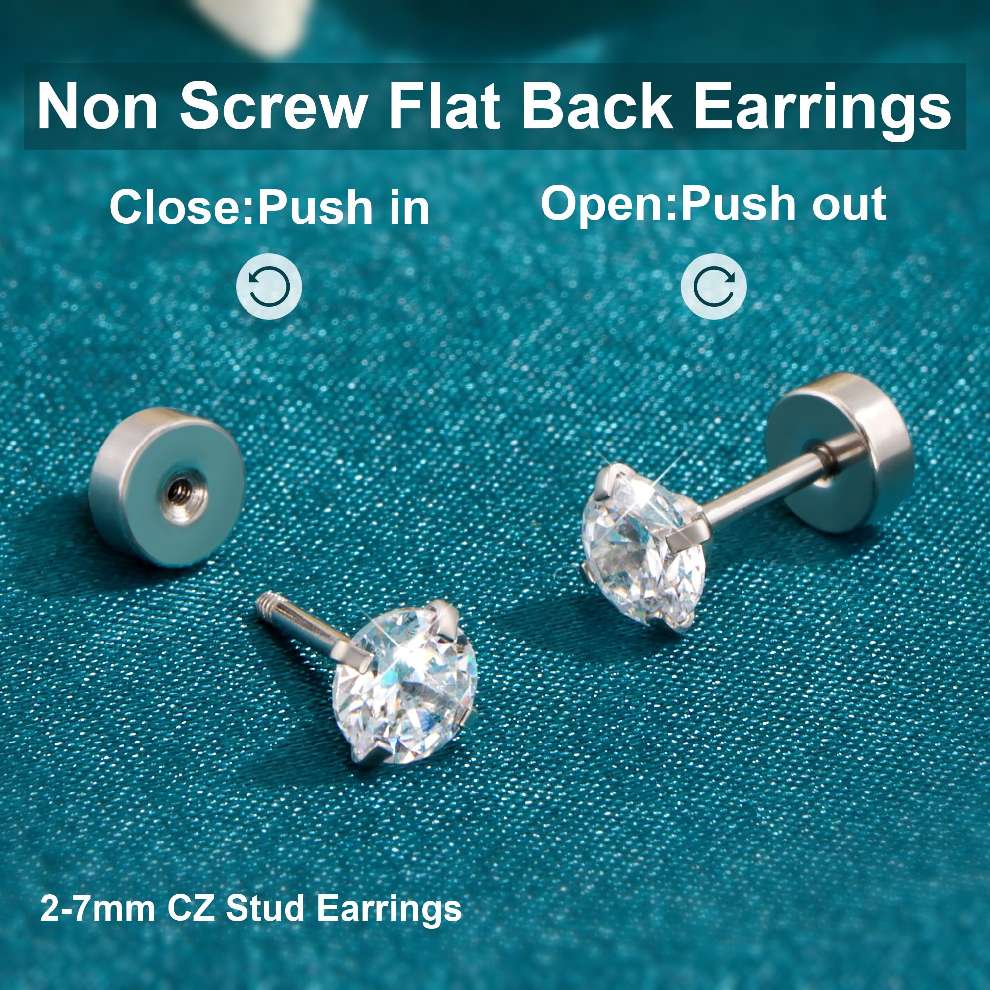 Aretes tipo dormilona de espalda plana para mujer, aretes de acero quirúrgico hipoalergénico con piedras de circonita cúbica, 6 pares (18-20G), Acero inoxidable, No es una piedra preciosa 5