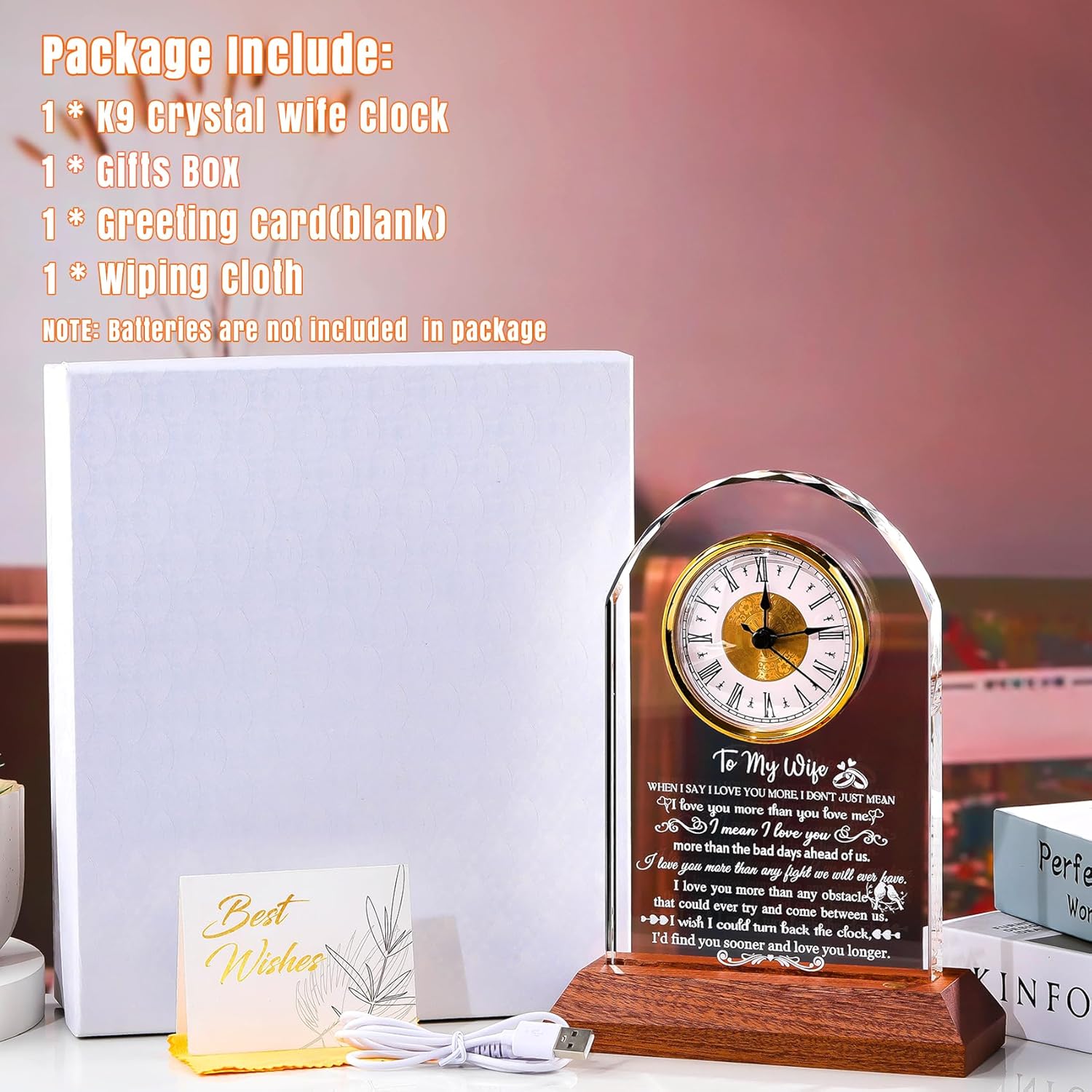 Gifts for Wife from Husband - Crystal Clock with Wooden Light Base, Christmas, Birthday, Wedding Anniversary Wife Gifts Ideas, to My Wife Plaque Presents for Valentine's Mother's Day - Image 4