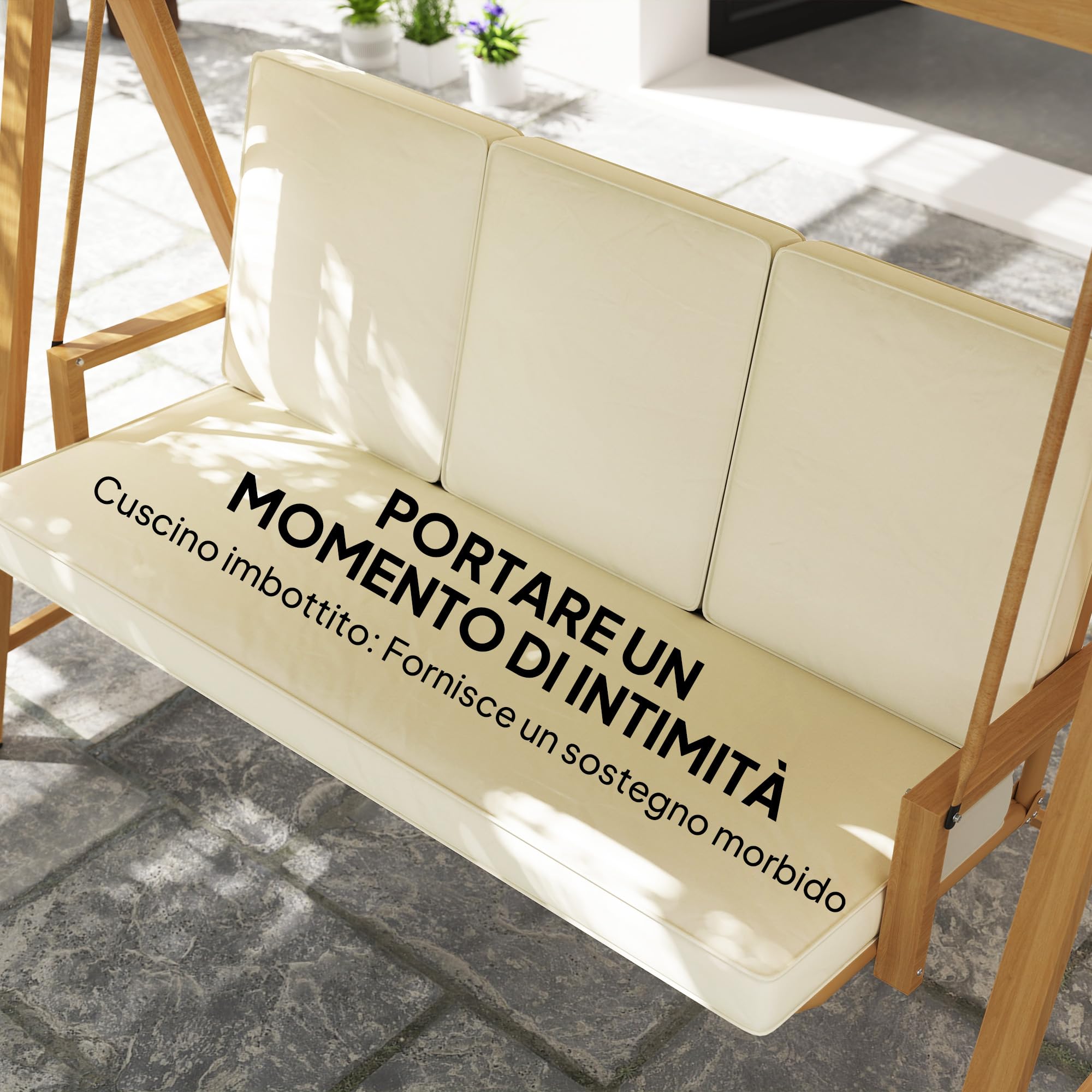 Outsunny Dondolo da Giardino 3 Posti con Tettuccio Parasole Regolabile, Dondolo da Esterno con Cuscini e Struttura in Metallo Effetto Legno, Portata Fino a 330 kg, UV 30+, 195x120x170 cm, Beige