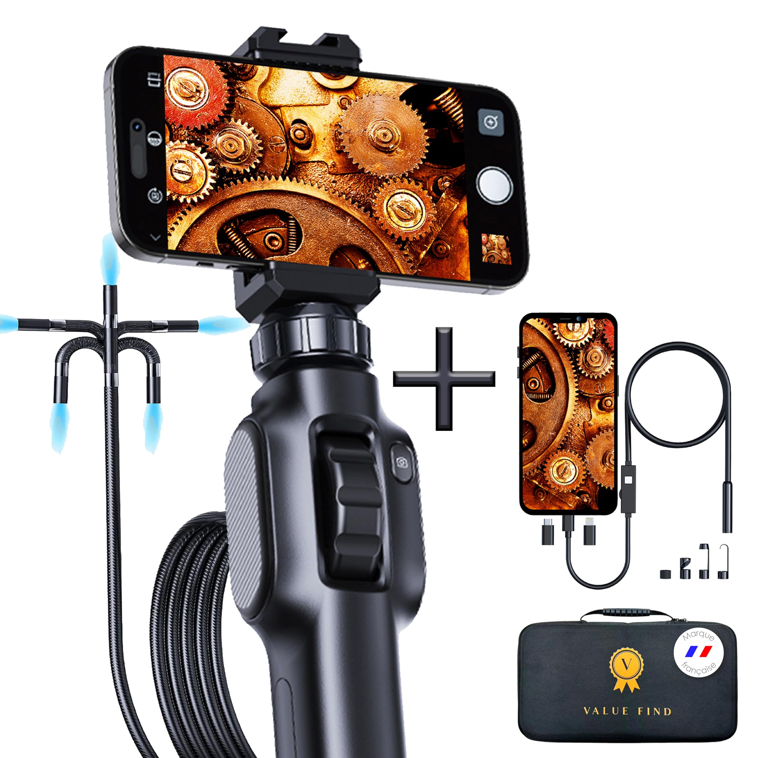 2 telecamere endoscopiche industriali 1920P con 8 LED, un endoscopio girevole da 2 m + una telecamera cablata da 5 m, per fognature meccaniche, compatibile con Android/iPhone