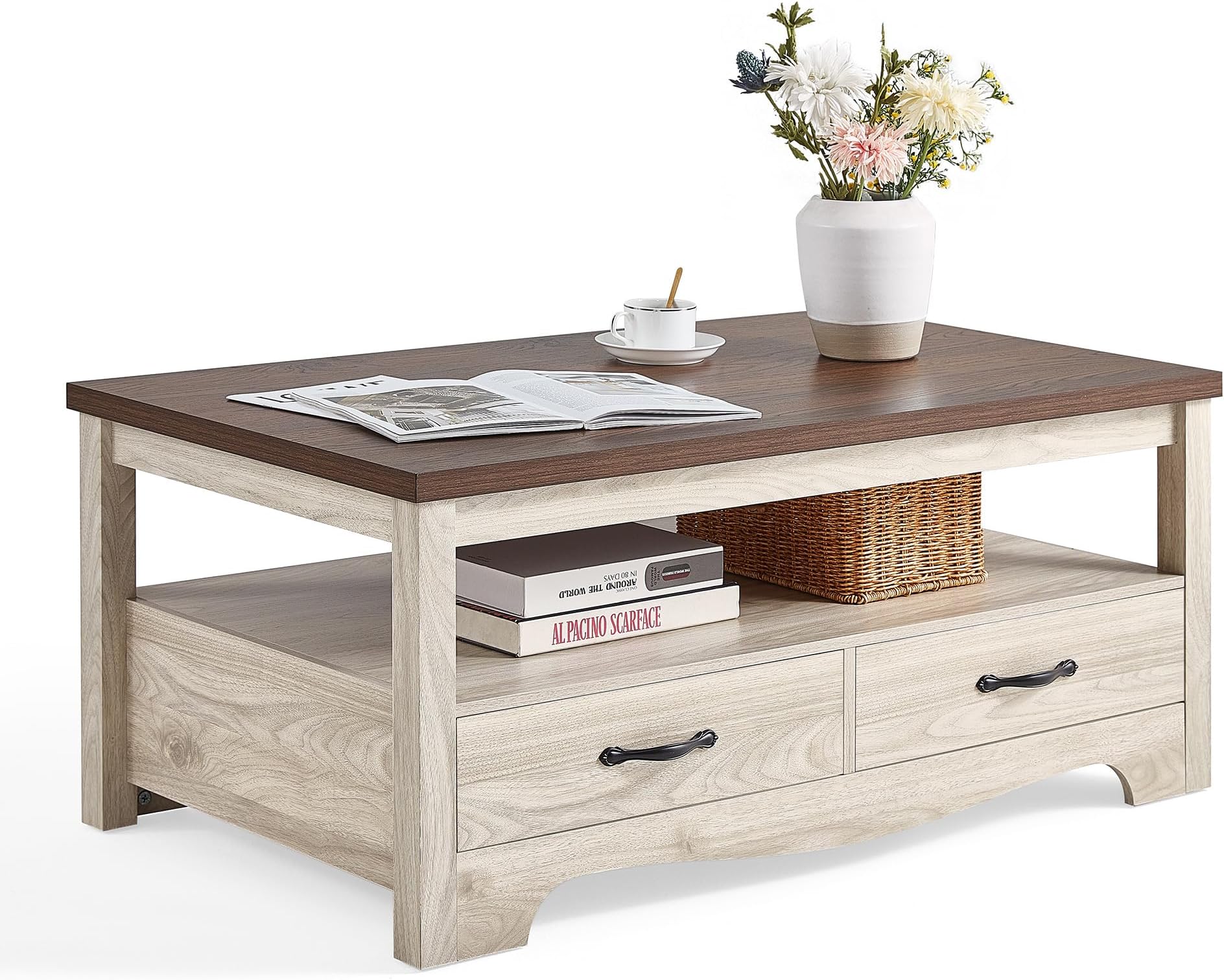 Farmhouse Coffee Table with Storage, Wood Coffee Table for Living Room, Open Display Area and Storage Drawers with Metal Handles, Chic Style with Curved Base. Oak and Brown