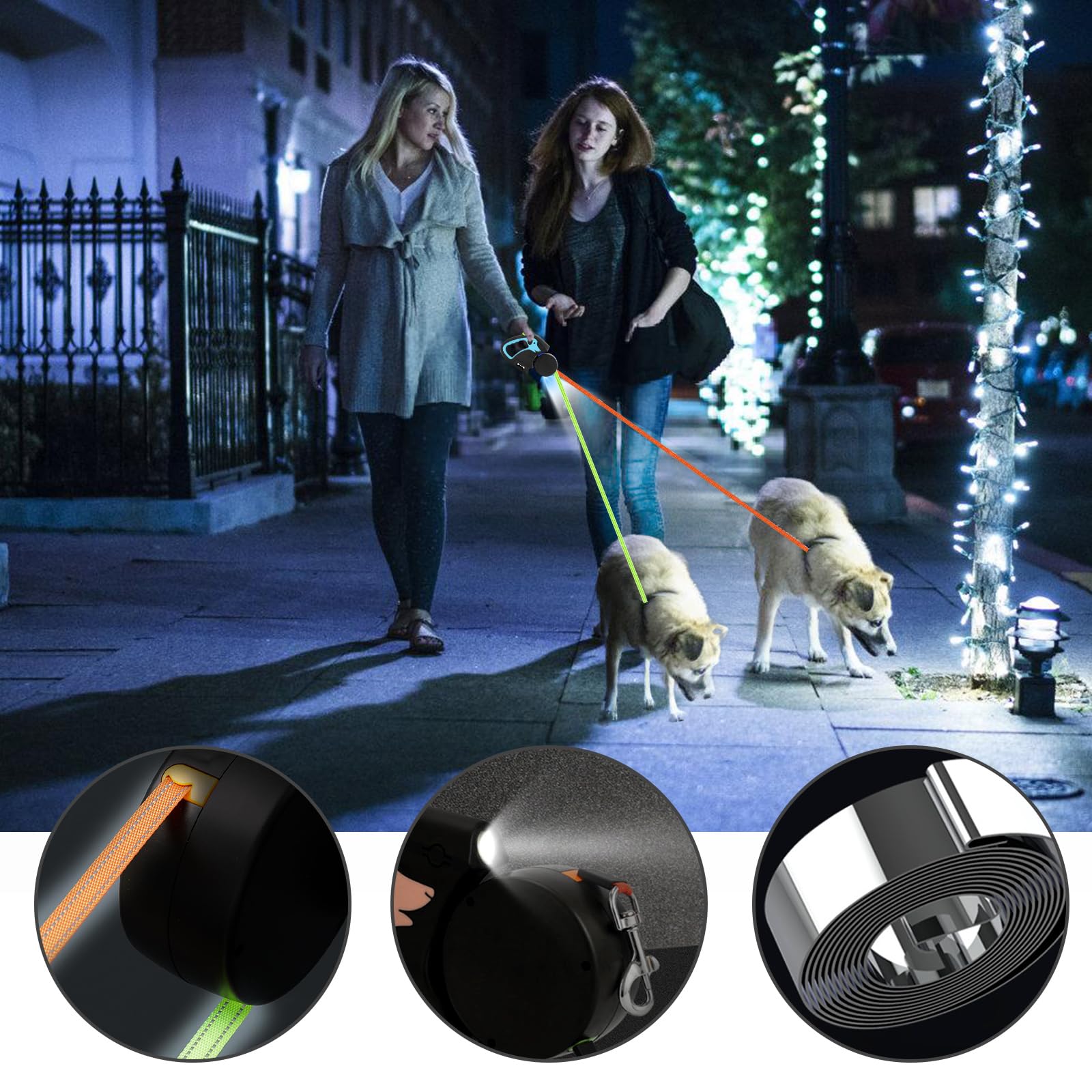 Doble correa retráctil para perros, correa enrollable con luz LED, doble correa extensible para perros de 3 m, flexible, mango antideslizante, botón de freno rápido para perros pequeños y medianos