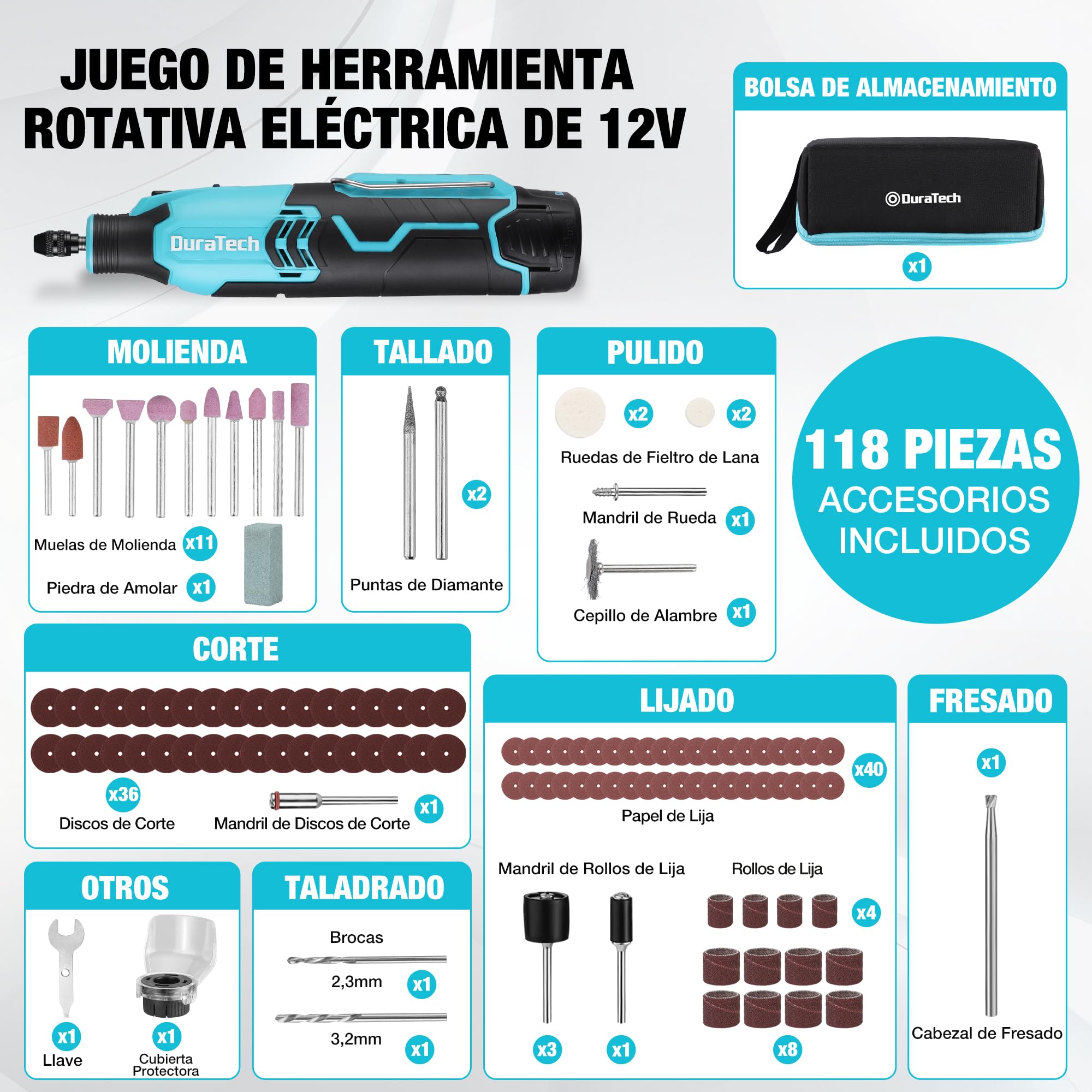 DURATECH Amoladora Inalámbrica de 12V, Multiherramienta Recargable de 35000RPM, Herramienta Rotativa con 118 Accesorios, 7 Velocidades Variables, para Cortar, Tallar, Grabar, Perforar