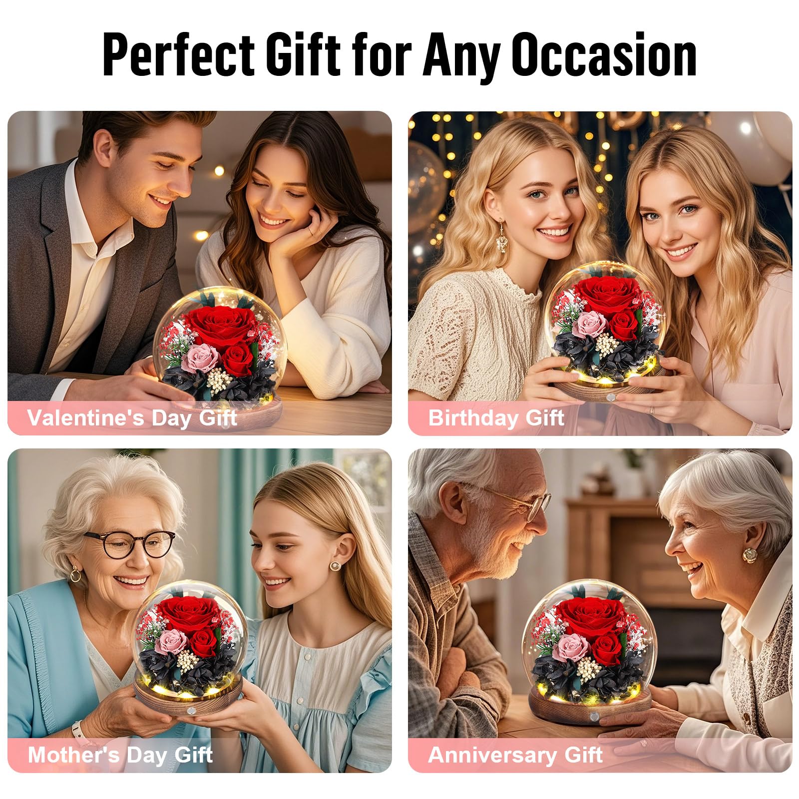 Rosa Stabilizzata Vera con Luci LED, Rosa Eterna La Bella e la Bestia, Regalo per Lei, Donna, Fidanzata, Mamma, Idee Regalo per San Valentino, Compleanno, Anniversario, Festa della Mamma (Rossa)