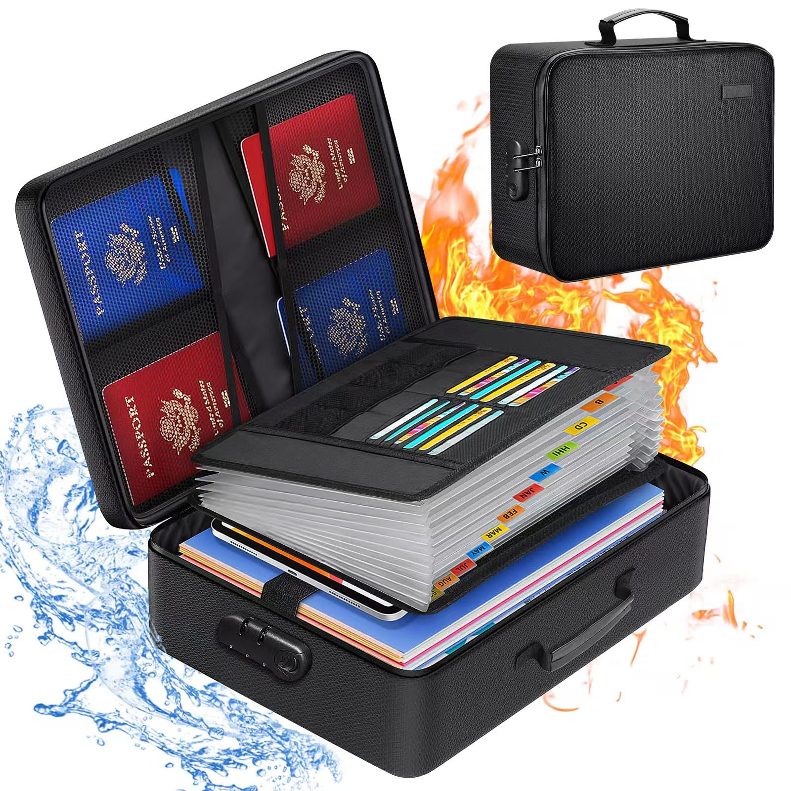 TOPCJ Fireproof Document Box with Lock,Waterproof Document Organizer with Zipper,Heat Insulated Accordion File Organizer,Portable File Box for