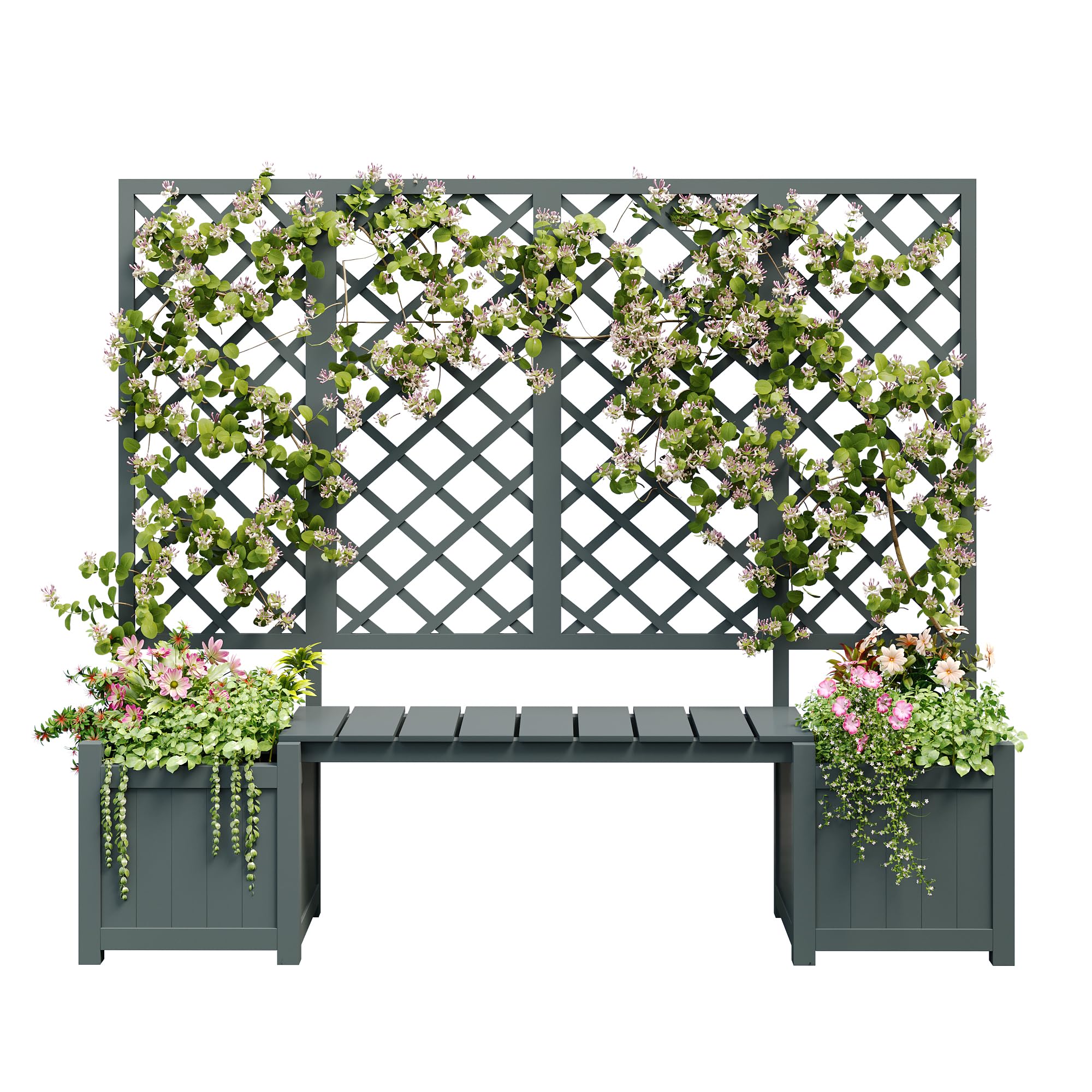 Fioriera con traliccio, fioriera con molto spazio, in legno massello marrone, con traliccio e seduta per giardino, cortile, terrazza (grigio)