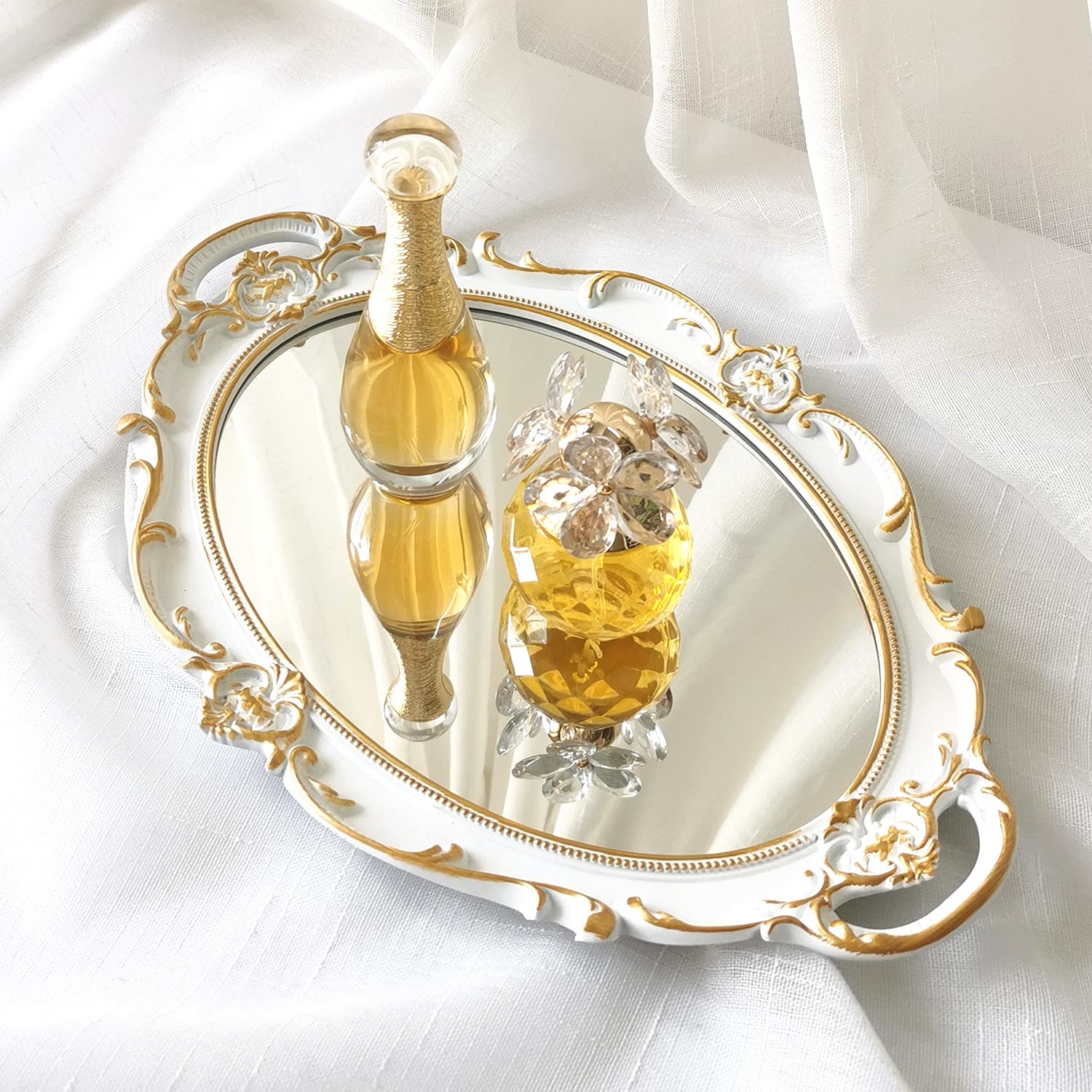 Yamfurga Oval Decorative Mirror Tray, French Style, Makeup Organizer, Jewelry Organizer, Serving Tray, 9.8