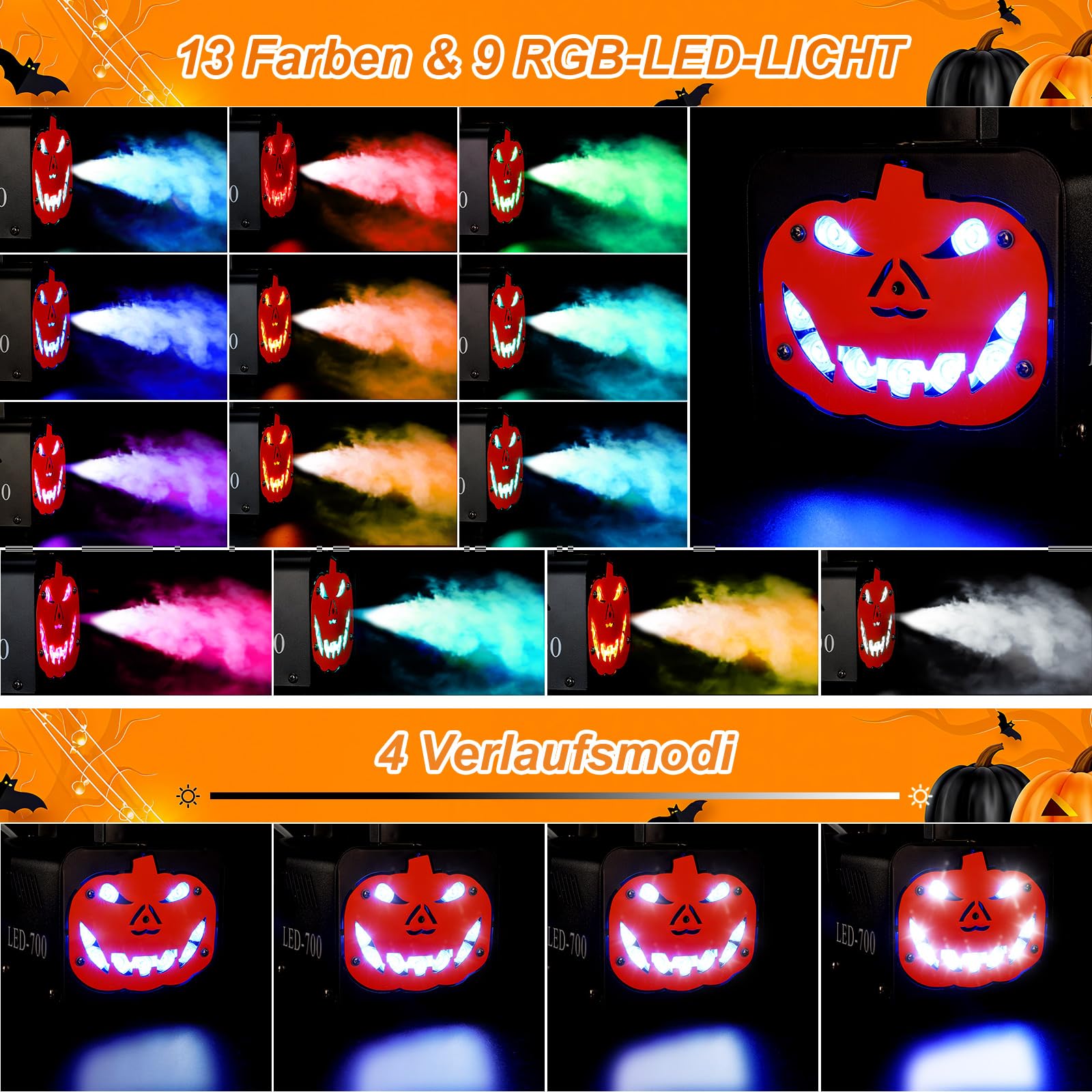 Katomi Machine à Fumée 700 W Effet RVB, 13 Couleurs, 8 LED Lneuses, Mini Machine à Fumer, Avec 2