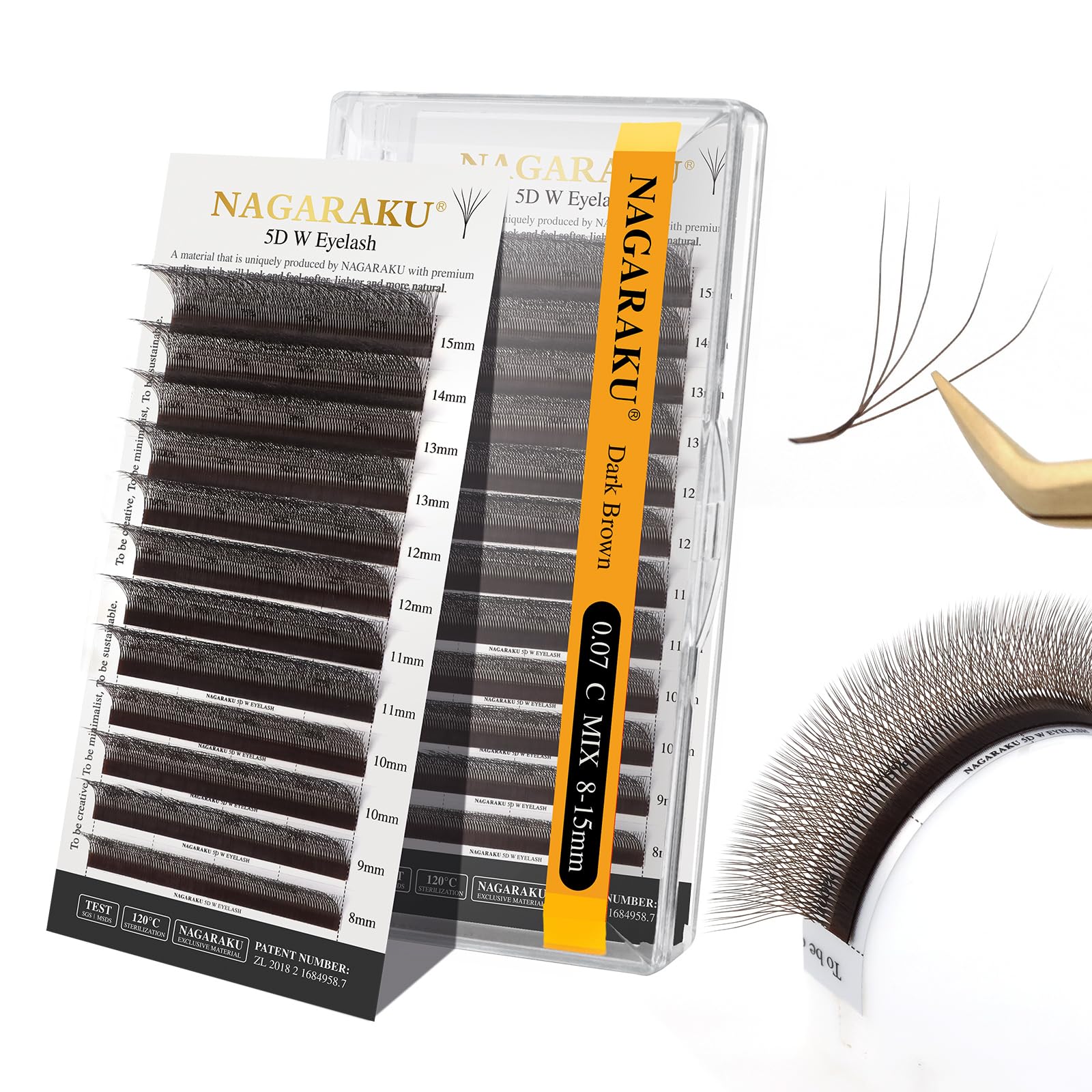 NAGARAKU Dark Brown 5D Lashes,W Shape Eyelash Extensions 0.07mm C Curl 8-15mm Mix Volume Lashes Hand Woven Long Stem Matte Black Premade Fans 5 Tips False Eyelash