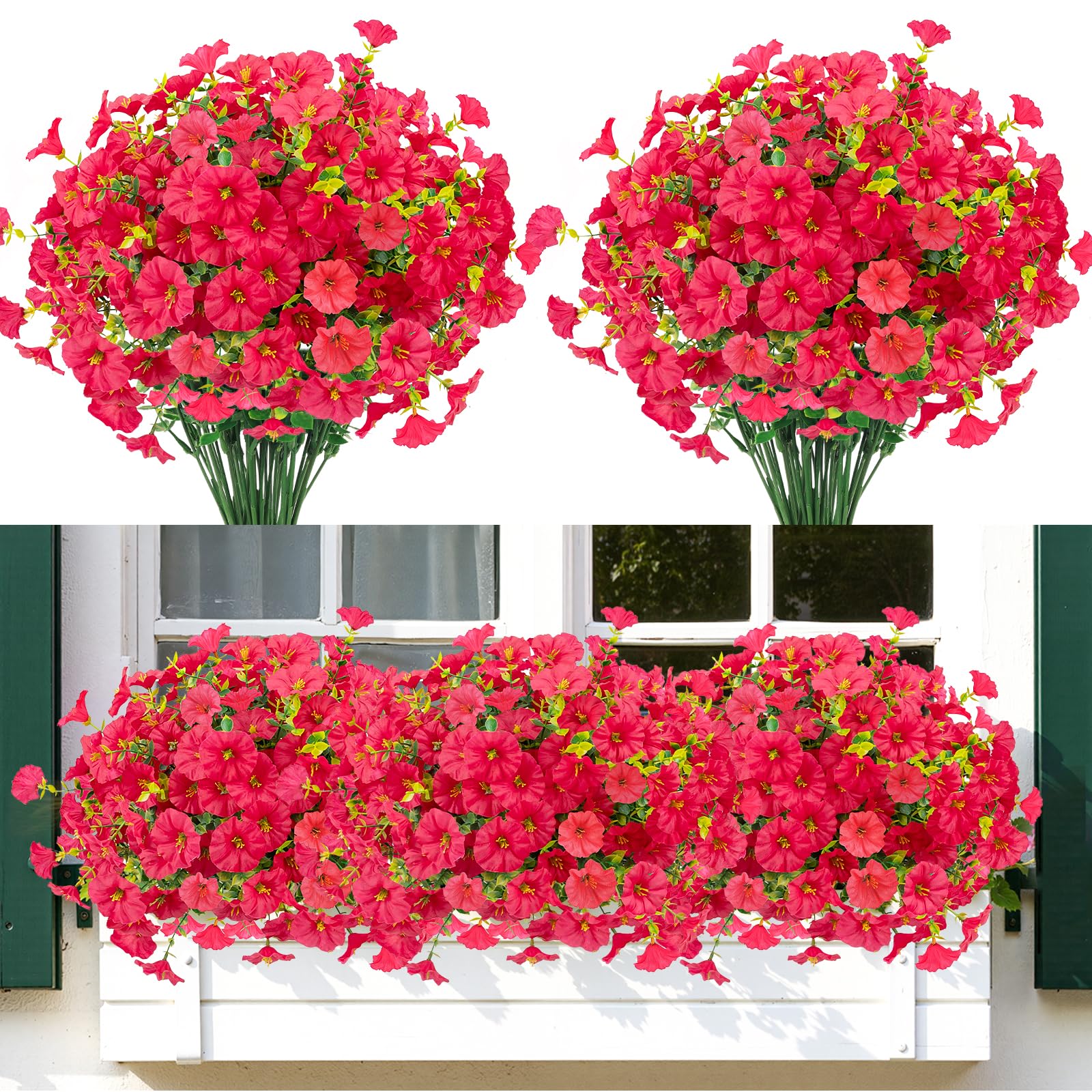 6 Bundles UV Resistant Artificial Flowers, Realistic Faux Plants for Garden, Rose Red