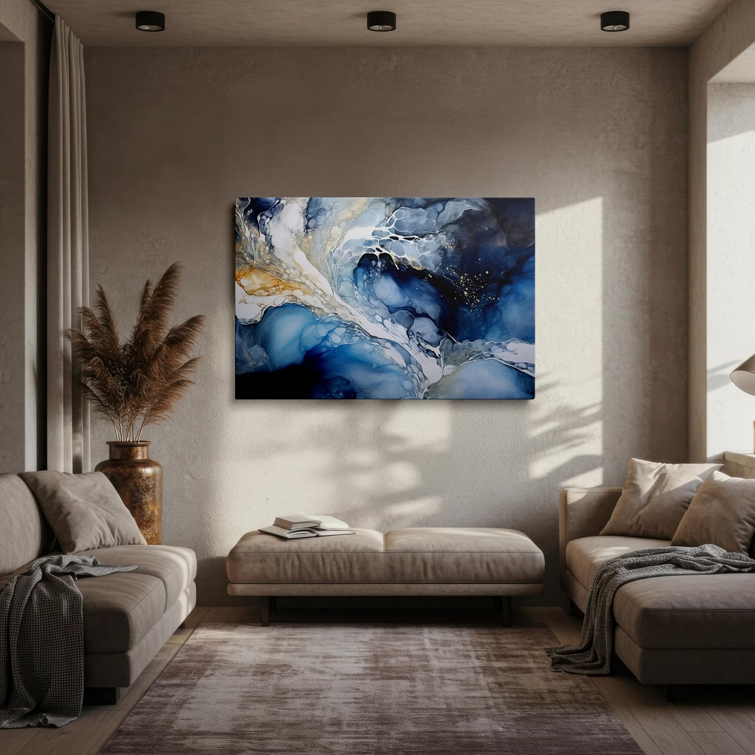 Canvas for Living Room. Rivers of Color: an Abstract Voyage in Blue, White, and Gold, 27 x 18 inch Canvas Wall Art - Contemporary Masterpieces - Modern Home Decor