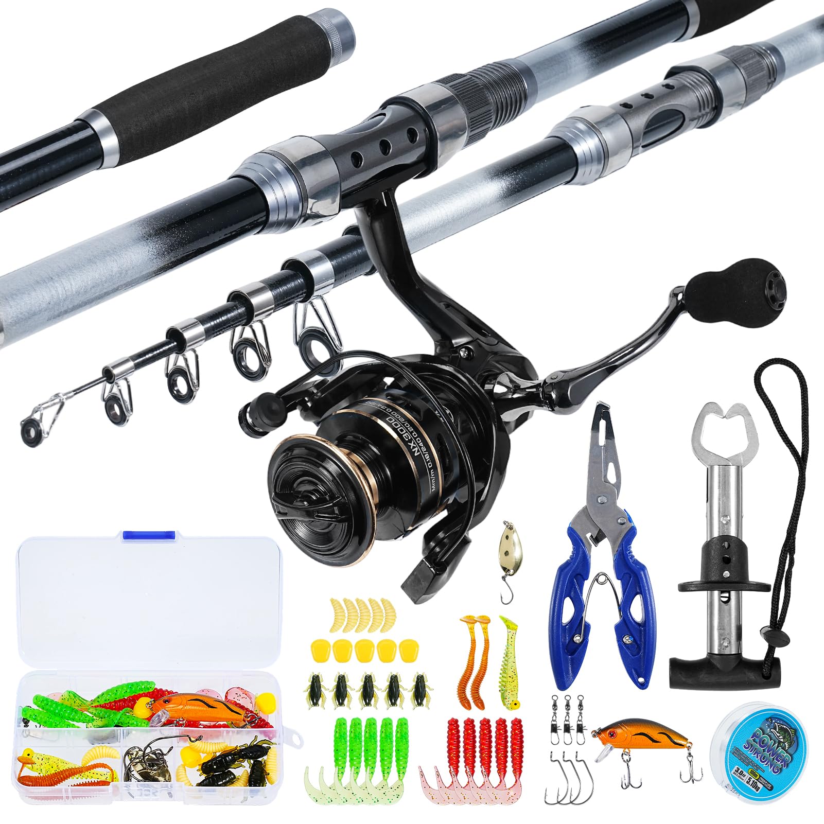Yaskyly 2.7M Telescopic Fishing Rod and Reel Combo Set Complete Fiberglass Travel Fishing Kit with 13+1 Bearings, Fish Controller, Pre-Spooled Line, Lure Pliers & Carrier Bag for Saltwater Freshwater